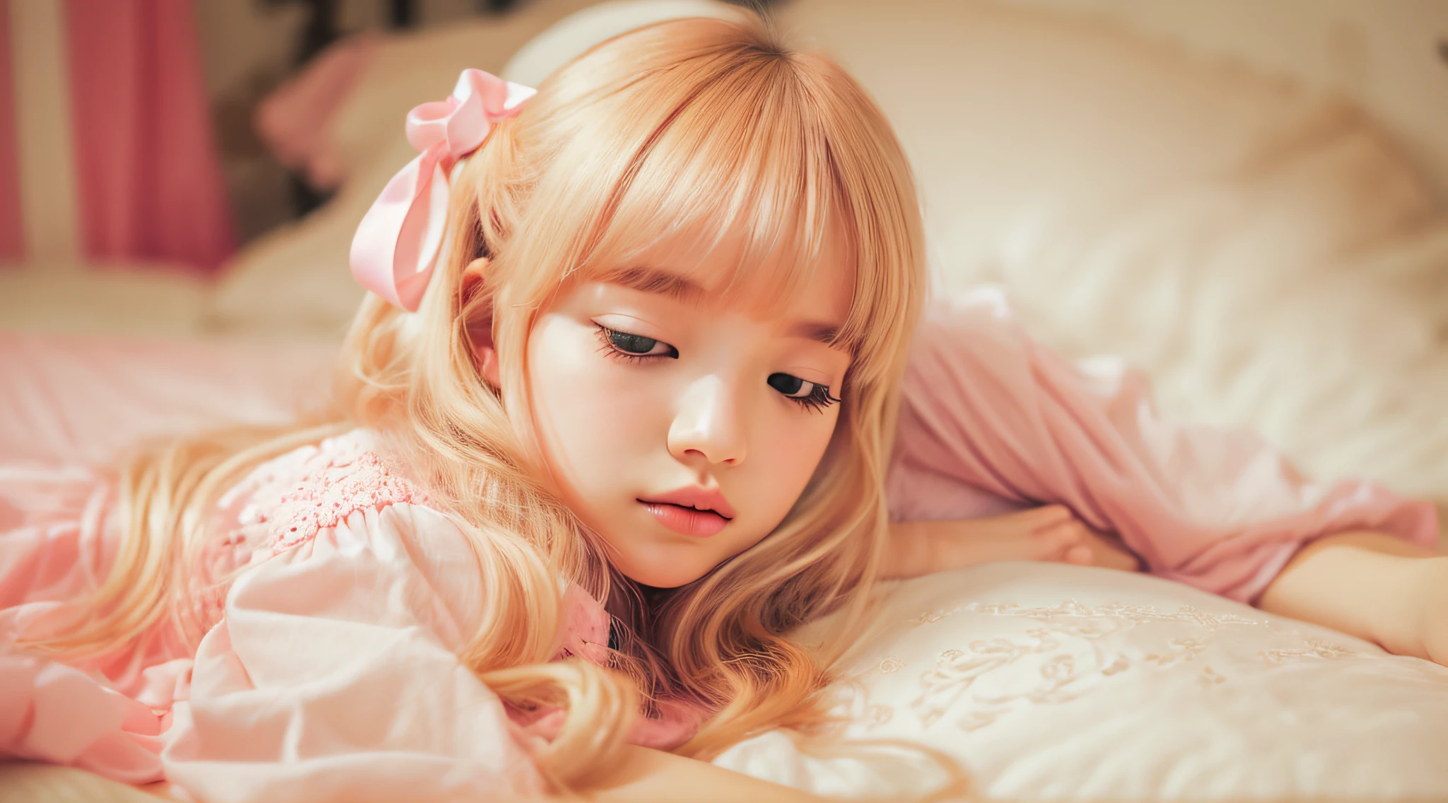 Blonde CHILD woman with pink dress and pink bow lying on the bed, Lalisa Manobal, sleepy model face, Lalisa Manoban of Blackpink, Belle Delphine, sleeping princess!!!!, Sleeping beauty, soft hair, beautiful languid princess, with full bangs, dreaming of kissing a girl, DDLC, cute bangs, sleepy, Sakura Kinomoto