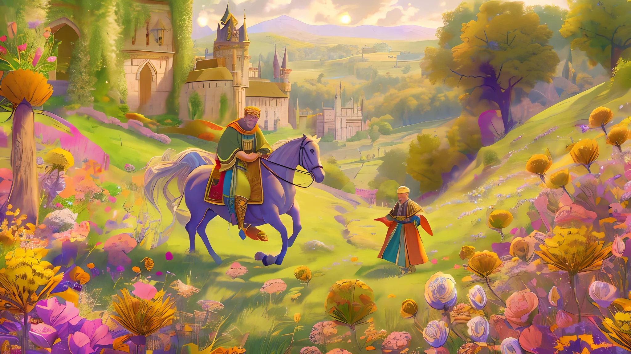Within the enchanting medieval kingdom, Rog and his father, King Nufer, resided in a grand castle nestled amidst blooming meadows and sun-kissed hills. The royal library held treasured memories and wisdom passed down through generations. Happiness radiated in their laughter and smiles. Create an illustration of their joyous life together, using digital art, --ar 16:9 --v 5.