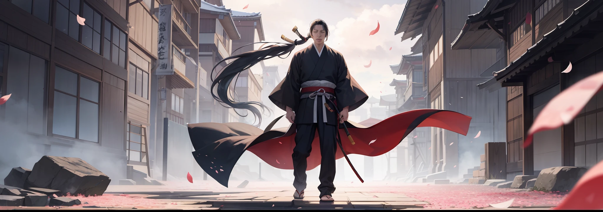 masterpiece, high quality, best quality, beautiful, hd, realistic, perfect lighting, detailed face, detailed body, (1 man), man of , young man, solo, black long hair, (ponytail), (red samurai clothes), samurai, standing, closed eyes, wind, (sakura),sakura petals, (brutal), courageous, full body