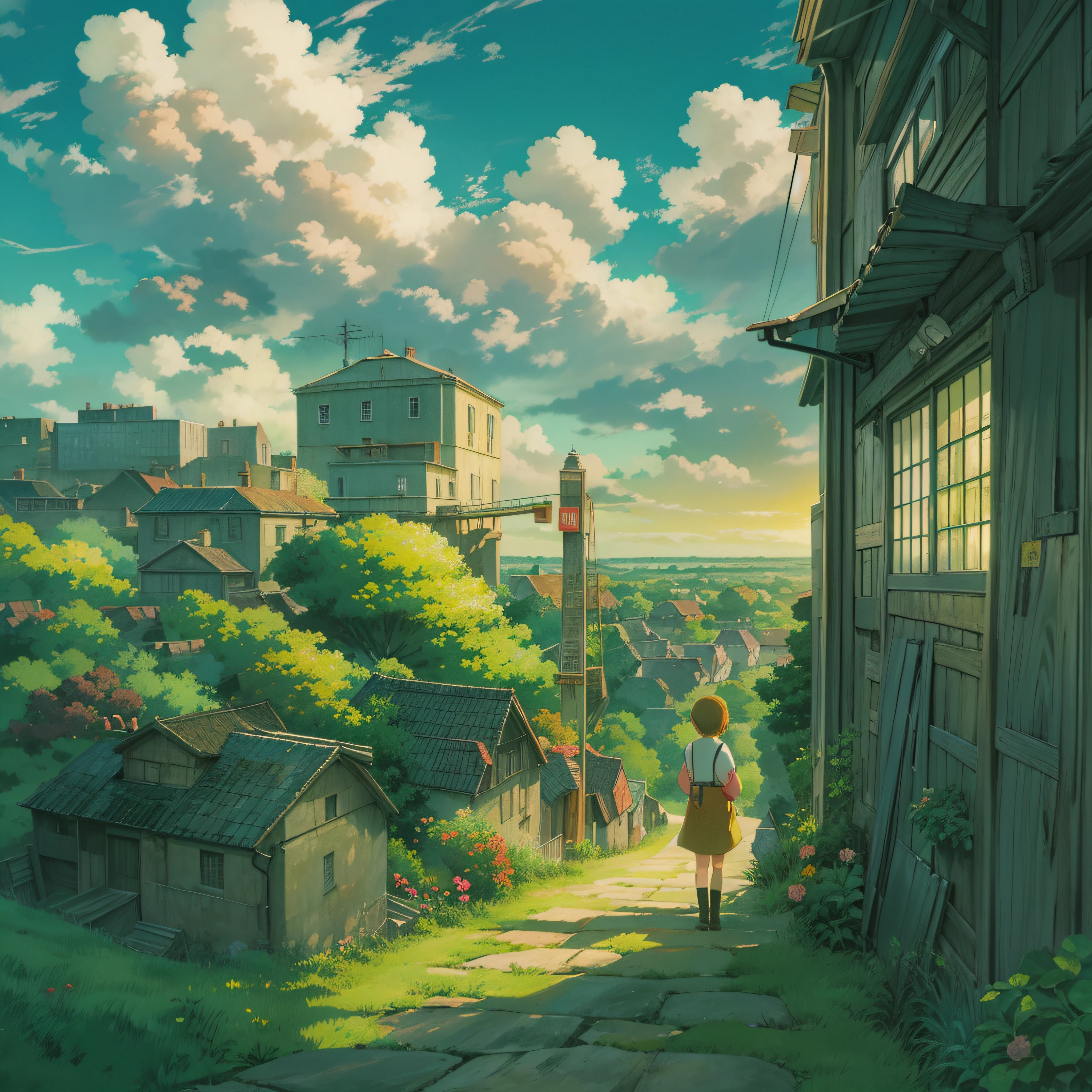 animesque、Skyscape with clouds、Landscape without buildings、You can see the touch of the brush、Studio Ghibli、Ghibli、Humid、the ground is wet、Scenery、Style、Golden Time、sky line、evening
