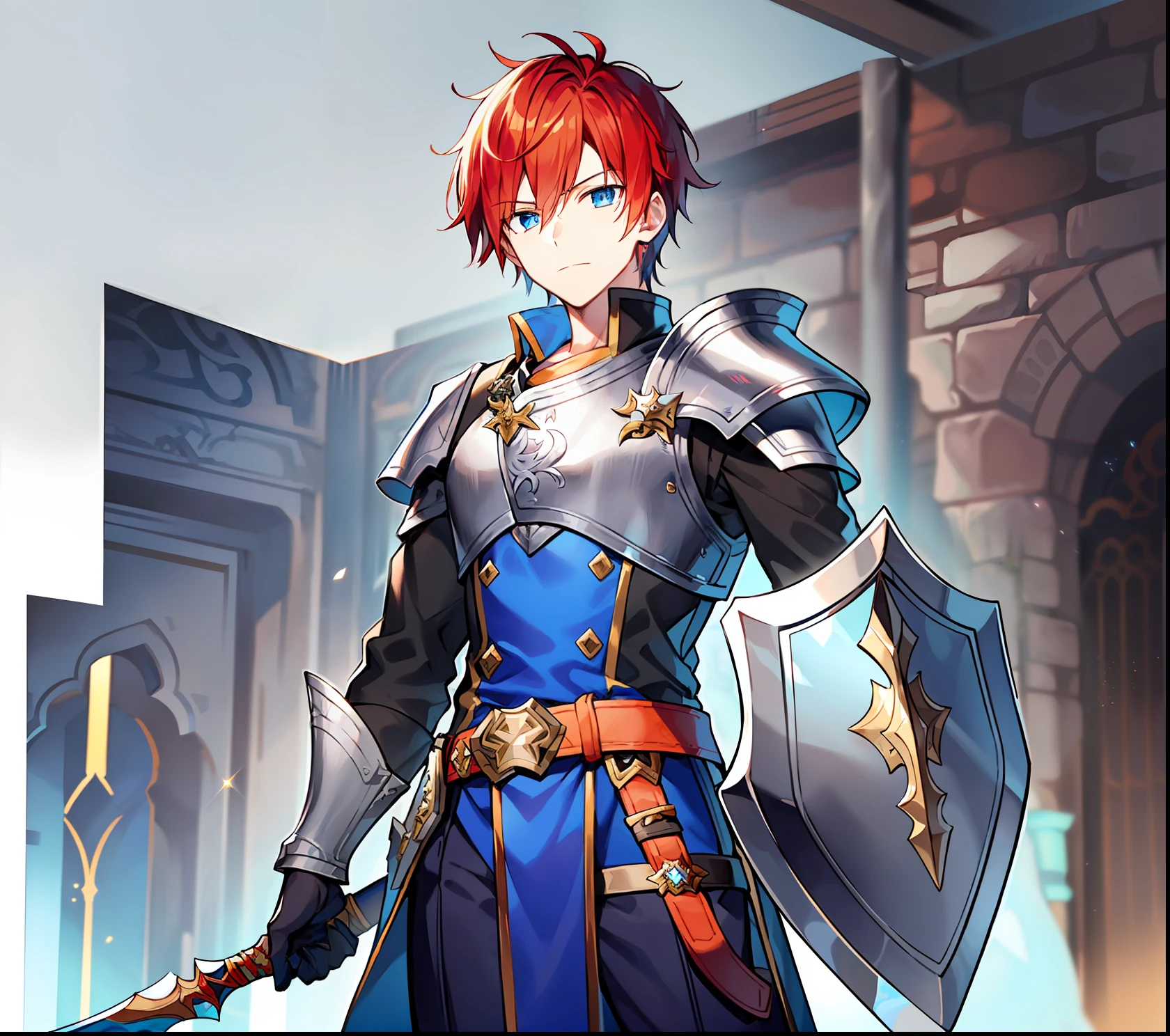 Young man, slight smile, friendly look, red hair, short hair, dark blue eyes, white skin, detailed. Black work gloves, orange shirt, black belt, blue pants. Accessory, 1 Shield, platinum shield, shining shield, 1 sword, silver sword, shining sword, rpg sprite, rpg sprite mid body, rpg expression sheet