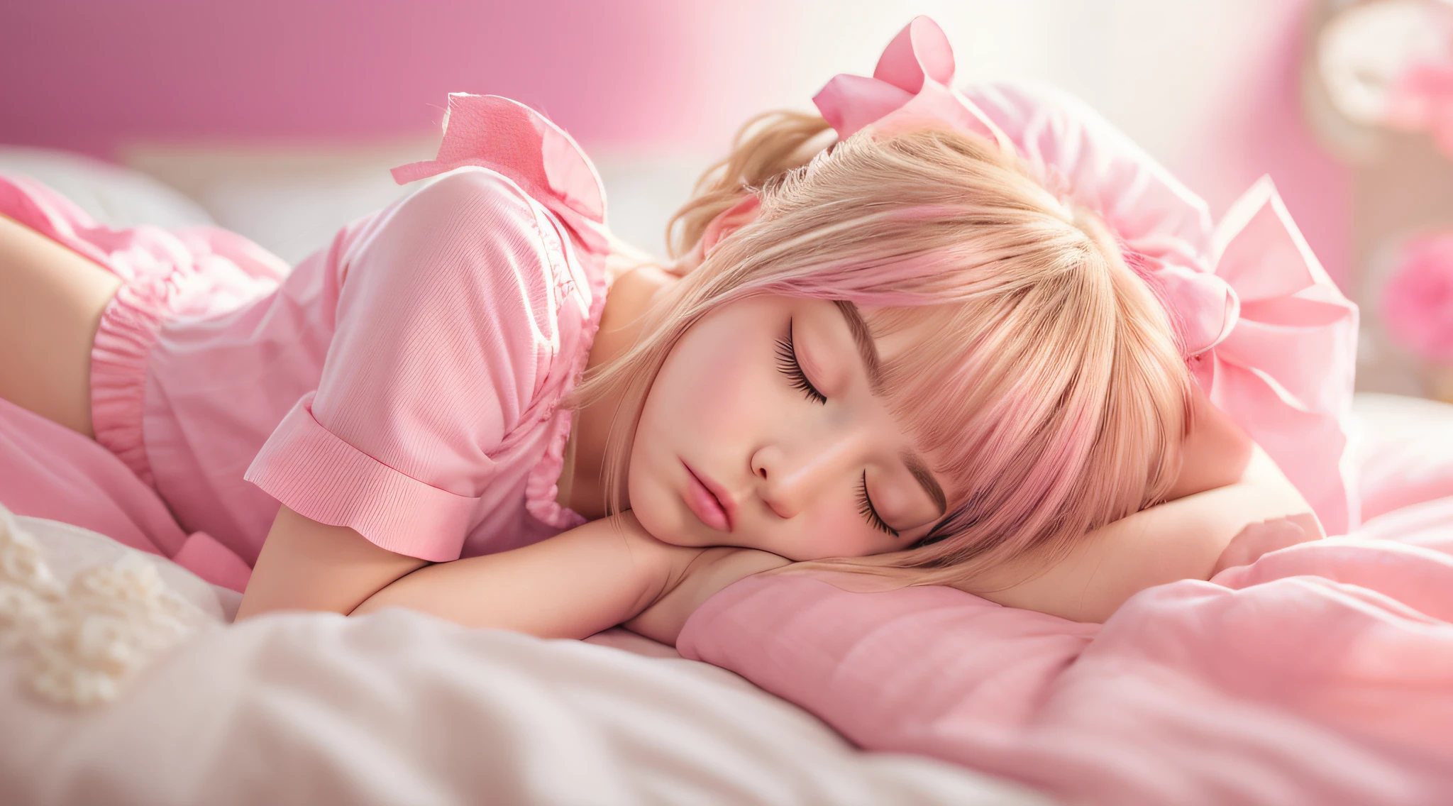 Blonde CHILD woman with pink dress and pink bow lying on the bed, Lalisa Manobal, sleepy model face, Lalisa Manoban of Blackpink, Belle Delphine, sleeping princess!!!!, Sleeping beauty, soft hair, beautiful languid princess, with full bangs, dreaming of kissing a girl, DDLC, cute bangs, sleepy, Sakura Kinomoto