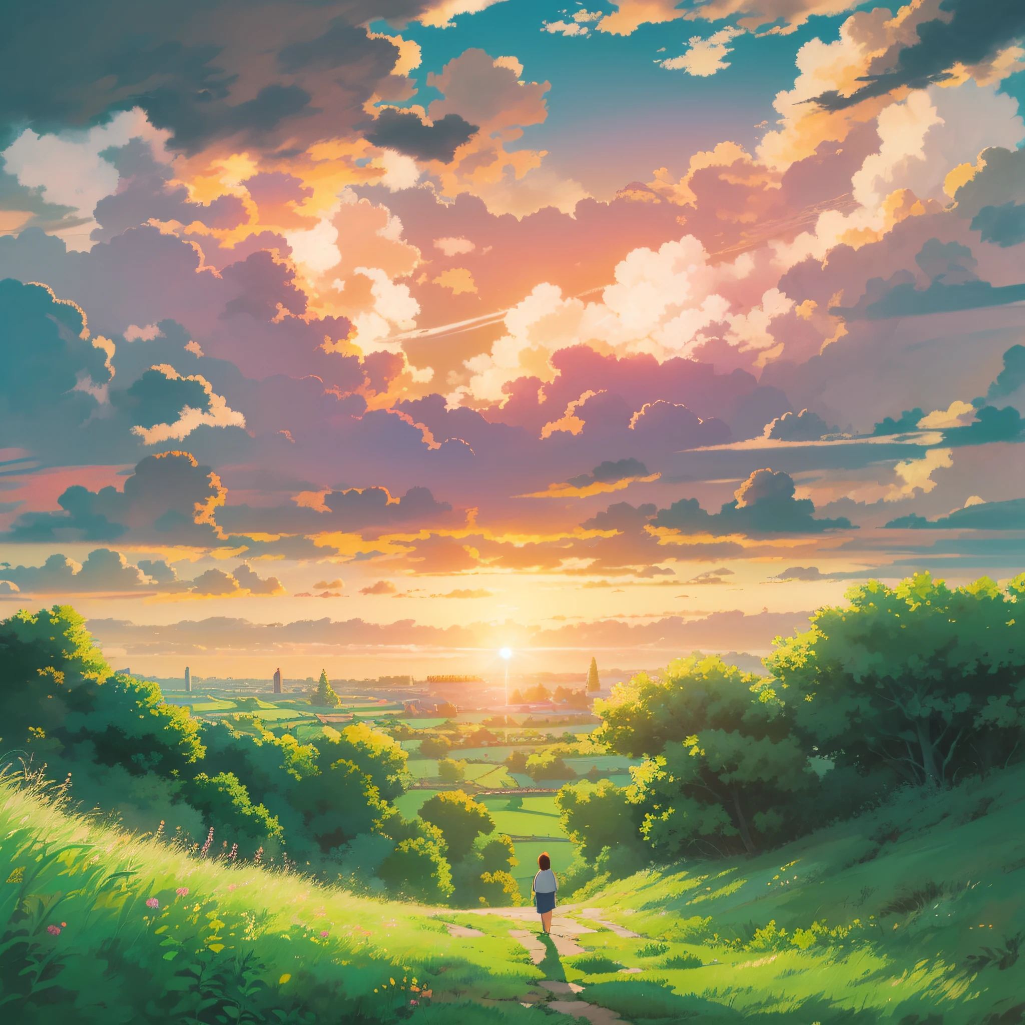 animesque、Skyscape with clouds、Landscape without buildings、You can see the touch of the brush、Studio Ghibli、Ghibli、Humid、the ground is wet、Scenery、Style、Golden Time、sky line、evening