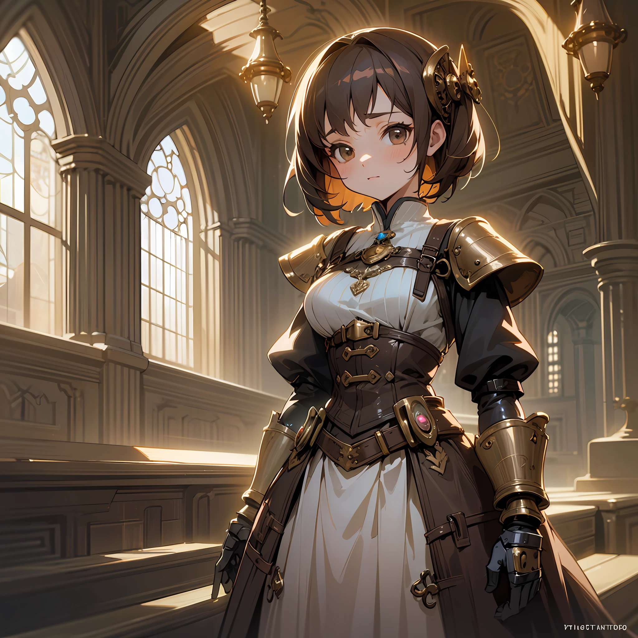 (digital pop art pixv), (anime pixv), (cute girl), (short straight brown hair), wearing Medieval Steampunk dress, Wit studios cinematic lighting, mechanical, metallic, arms technological.