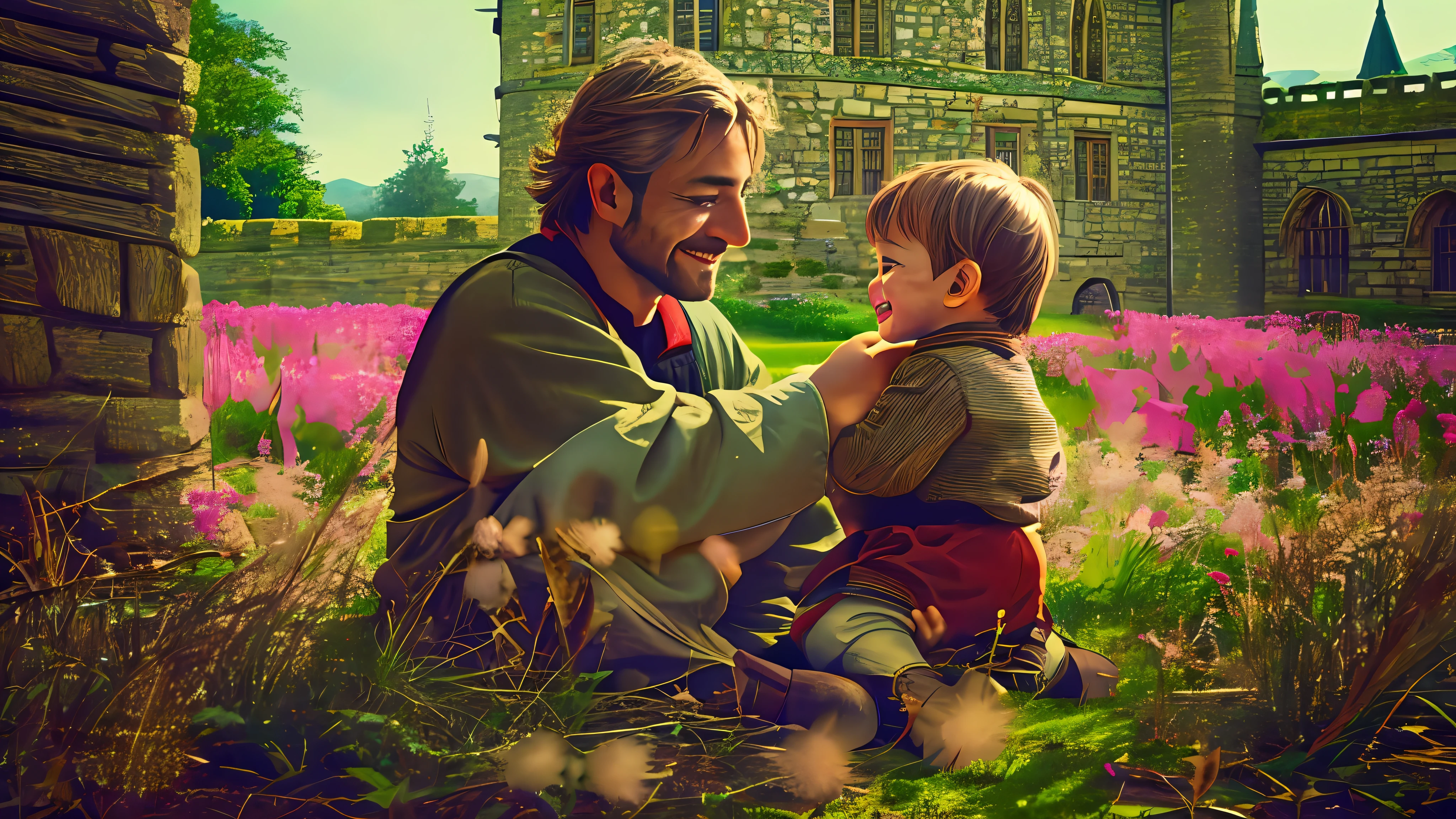 n a medieval realm, Rog lived joyfully with his father, King Nufer, in a serene castle amid picturesque meadows. They spent peaceful afternoons in the royal library, sharing tales of ancient heroes. Security and love filled their hearts. Capture their happy moments using a full-frame camera and a 50mm prime lens, --ar 16:9 --v 5.