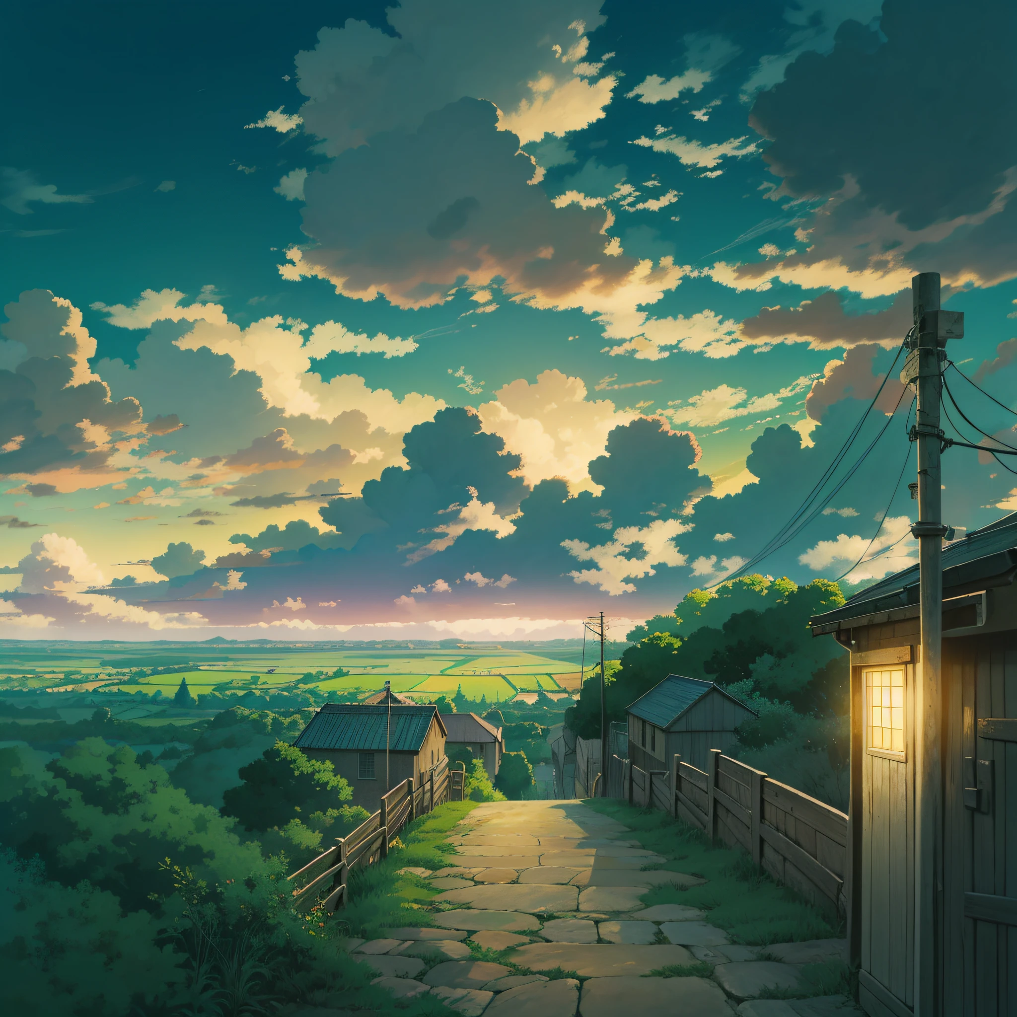 animesque、Skyscape with clouds、Landscape without buildings、You can see the touch of the brush、Studio Ghibli、Ghibli、Humid、the ground is wet、Scenery、Style、Golden Time、sky line、evening