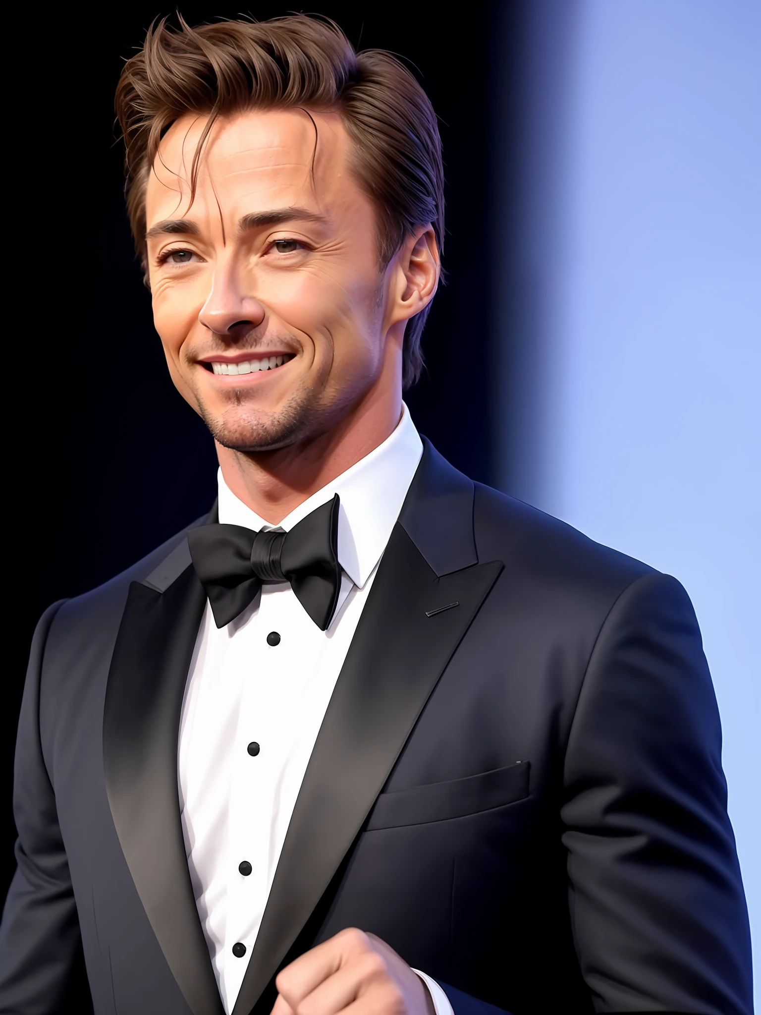 RAW photo, a close up portrait photo of hugh jackman smiling wearing a tuxedo on stage at an award show ,beard, muscular body, huge biceps, (high detailed skin:1.2), 8k uhd, dslr, soft lighting, high quality, film grain, Fujifilm XT3