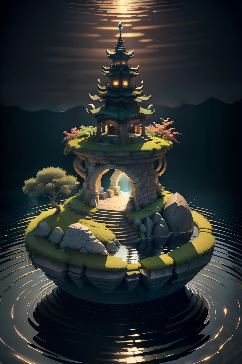 [(darkness background:1.5),::5], (Isometric 3D art of floating rock citadel), (moonlights:0.95), stone pavement, florals, verdant, stony, musgo, Lake with ripples, (falls:1.2), idyllic, japanese structure、　Donjon