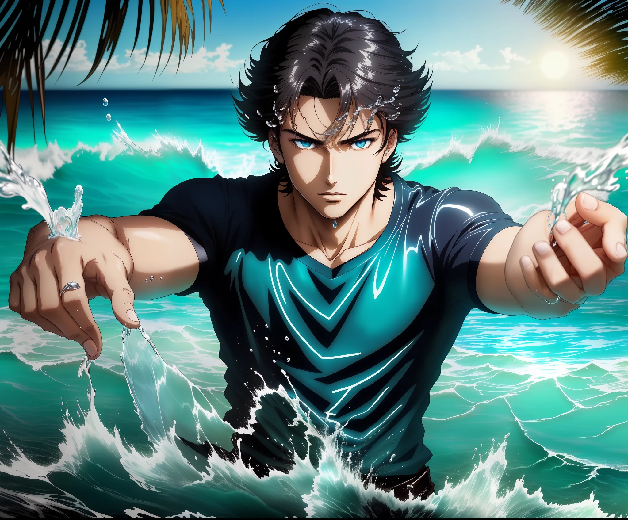"Um menino adolescente com cabelos curtos, lisos e pretos e olhos castanhos, with water powers in a dazzling, High Definition Anime Style. He is a symbol of Peace, impressive and aquatic-looking. (((anime, disco Rigido, poderoso, forte, HDR+, lindo, water,
praia )))"