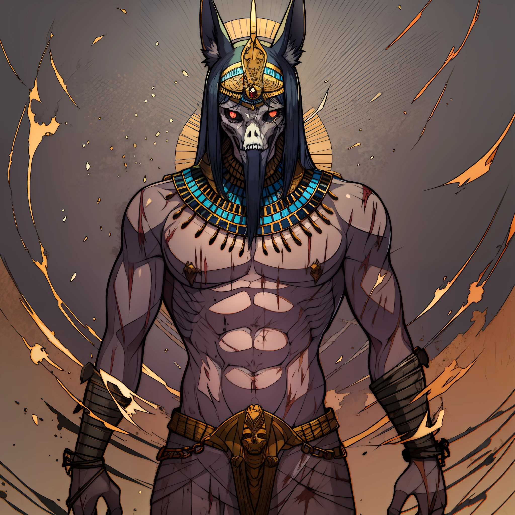 Battle scarred, ripped up, harmed, zombie, skeleton showing, Egyptian god Anubis, Anubis