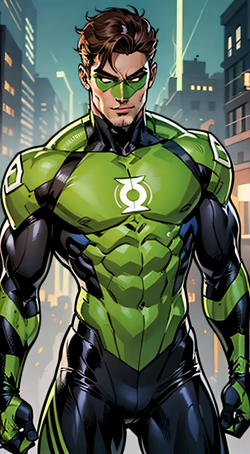 Lanterna Verde, Kyle Rayner, tiro de corpo inteiro, rosto de um 30s, alto, hunk, lean muscle, cabelo curto castanho, terno verde neon e preto, logotipo da lanterna verde neon claro no peito, melhor qualidade, obra-prima, alta resolução, ((anel verde)) on your right middle finger, mask of dark green eyes, rosto reto, rosto detalhado, terno detalhado