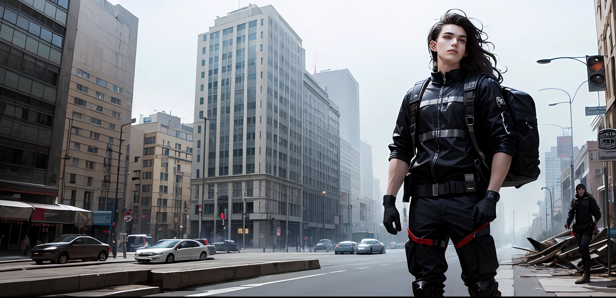 masterpiece, top quality, best quality, official art, beautiful and aesthetic:1.2), teen man, young man, man of 16, extreme detailed, colorful,highest detailed, black hair, long hair, wavy hair, black eyes, big city, destroyed city, zombies around, backpack, wind, protective clothing, apocalypse, zombie apocalypse, tech wear, full body, standing, muscular, scratches on face, military gloves, ugly face