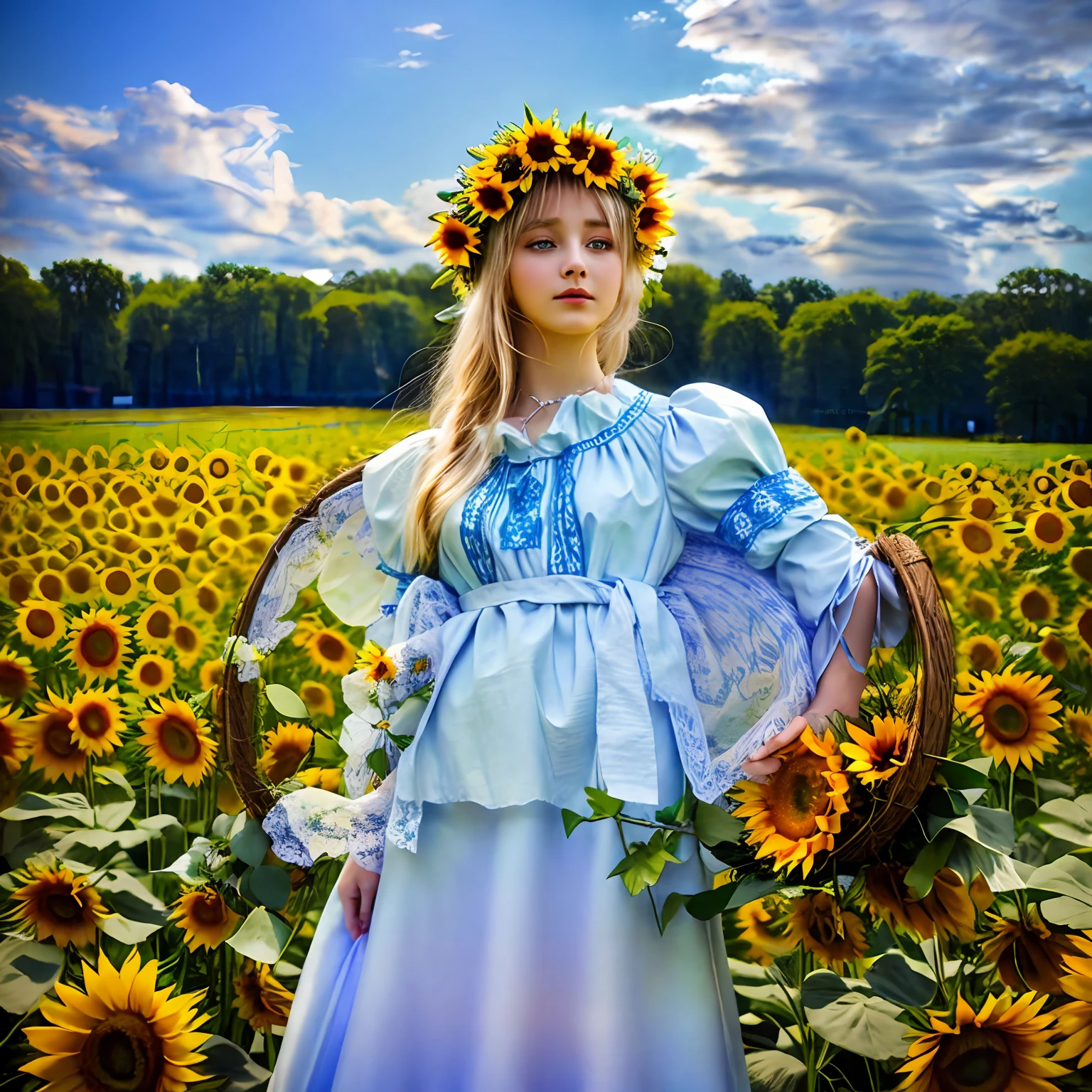 It's a beautiful photo、With a majestic blue sky and majestic clouds in the background、Hall with hands on hips々Young Ukrainian girl standing、platinum-blonde、Gaze looking up at the sky、On the back of her head is the sun,、Her body, hair, And the clothes had a yellow halo against sunlight.、Soft focus glows、Blue eyes、Wearing a sunflower wreath、Wearing Ukrainian white national costume、Wearing a sunflower-style cloth around the waist、Slender Ukrainian girl with small breasts、In the background is the taiga Dnipro River.、There is a large forest across the river.、Ukrainian landscape with sunflowers blooming、​masterpiece