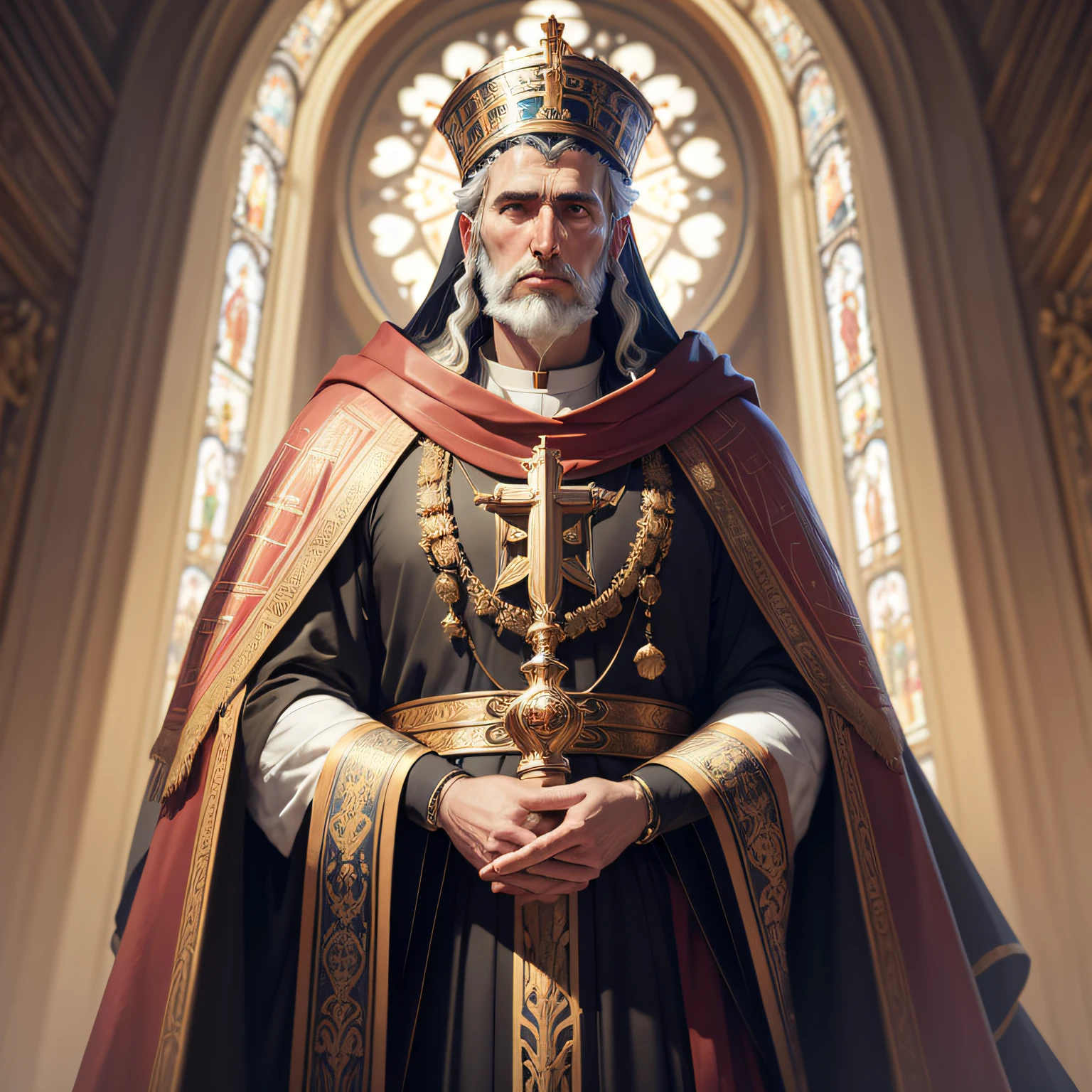 full-length portrait of Saint Ambrose, intricate, symmetrical, elegant, highly detailed, ultra-realistic, photorealistic, Octane Render, 8k, in the style of artgerm and greg rutkowski and Pino Daeni, inspired by images of the catholic church --auto