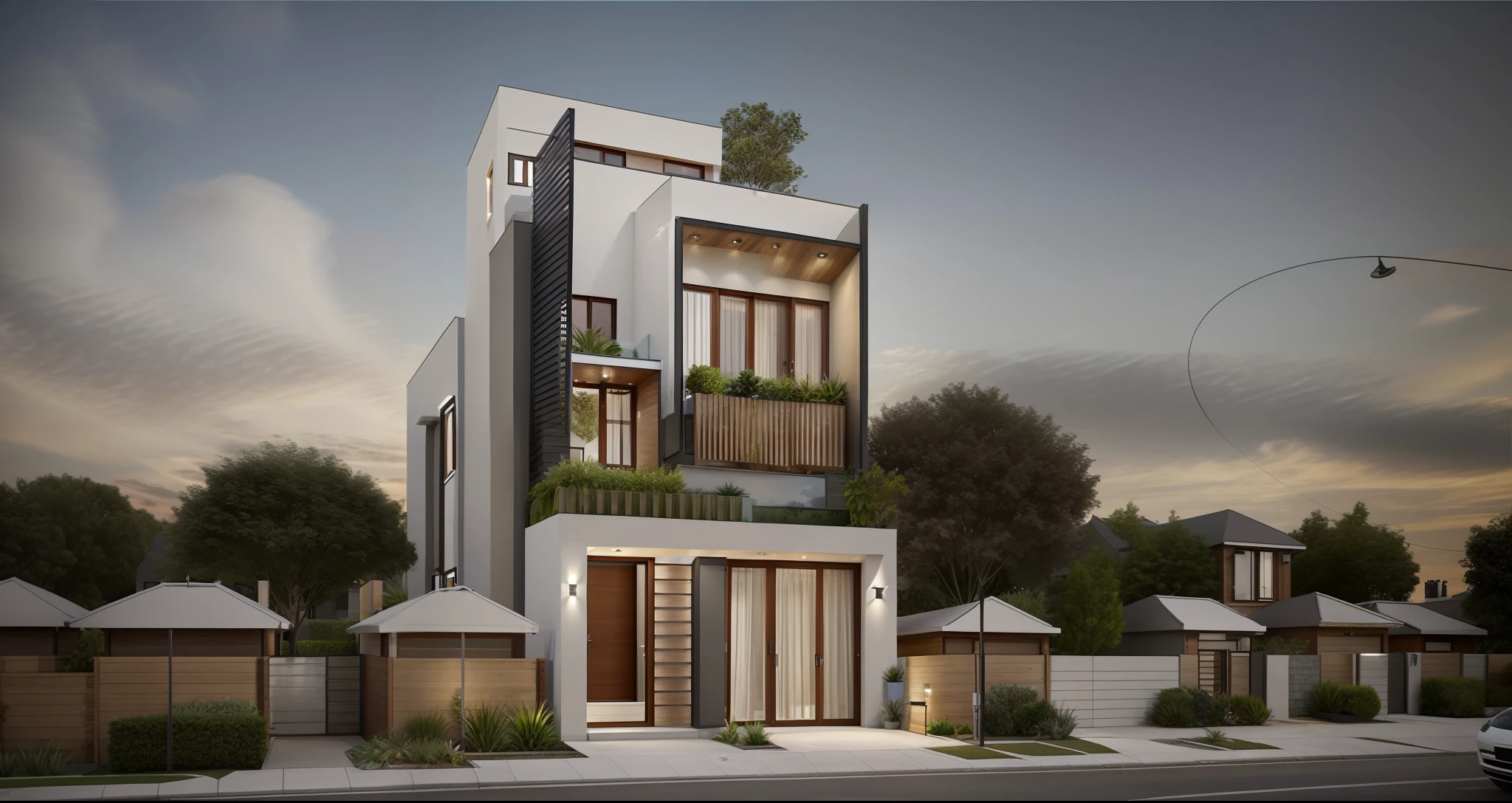 Townhouse, daylight ( best quality),(( photo realistic)) ,warm light, (sharp focus) front view of townhouse in style of modern,small house,brightenness