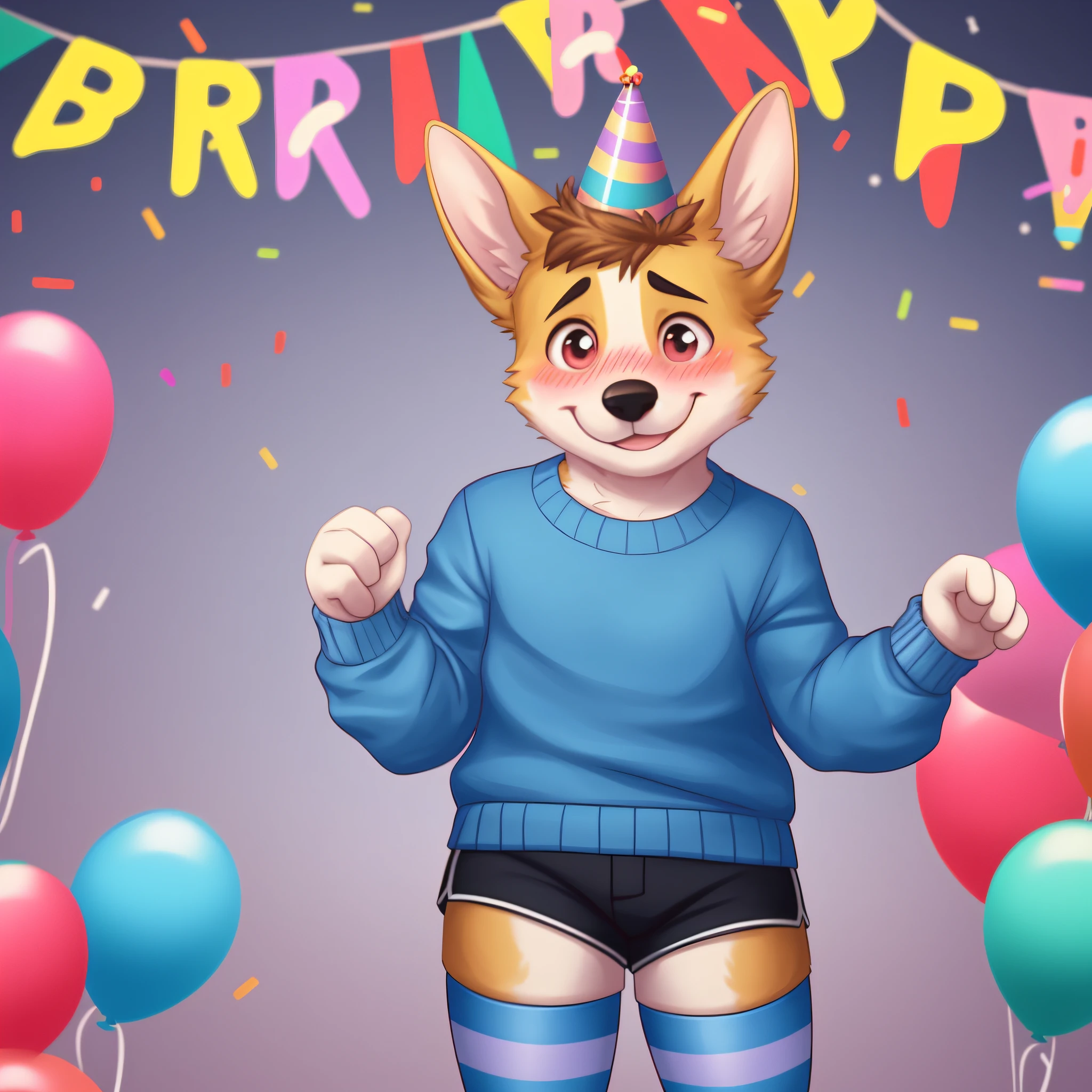 detailed lighting, solo, corgi, boy, anthro, birthday party, blue sweater, young, nervous smile, blushing, 1boy, elbow sleeves, (pink & blue striped thigh high socks), birthday hat, shorts
