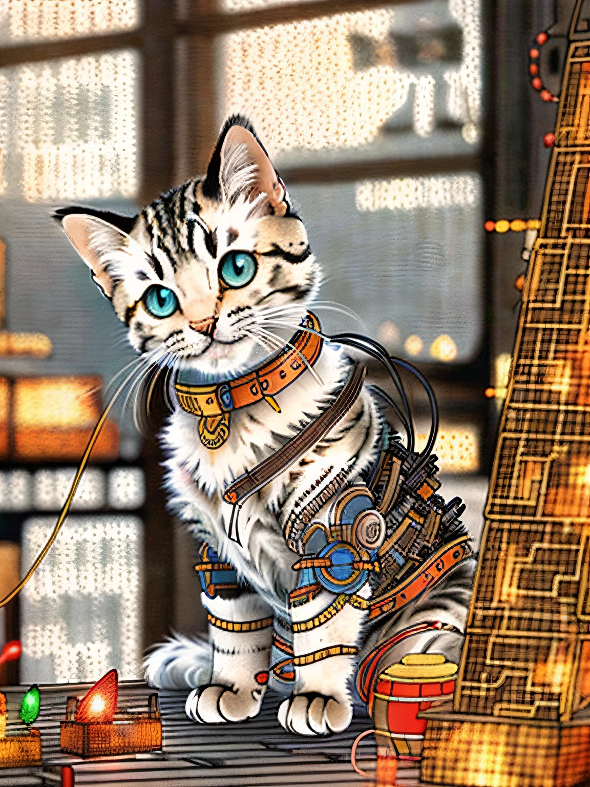 cute kitten made of metal, (cyborg: 1.1), ([tail | detailed wire]: 1.3), (complex detail), HDR, (complex detail, super detail: 1.2), cinematic shot, vignette, center