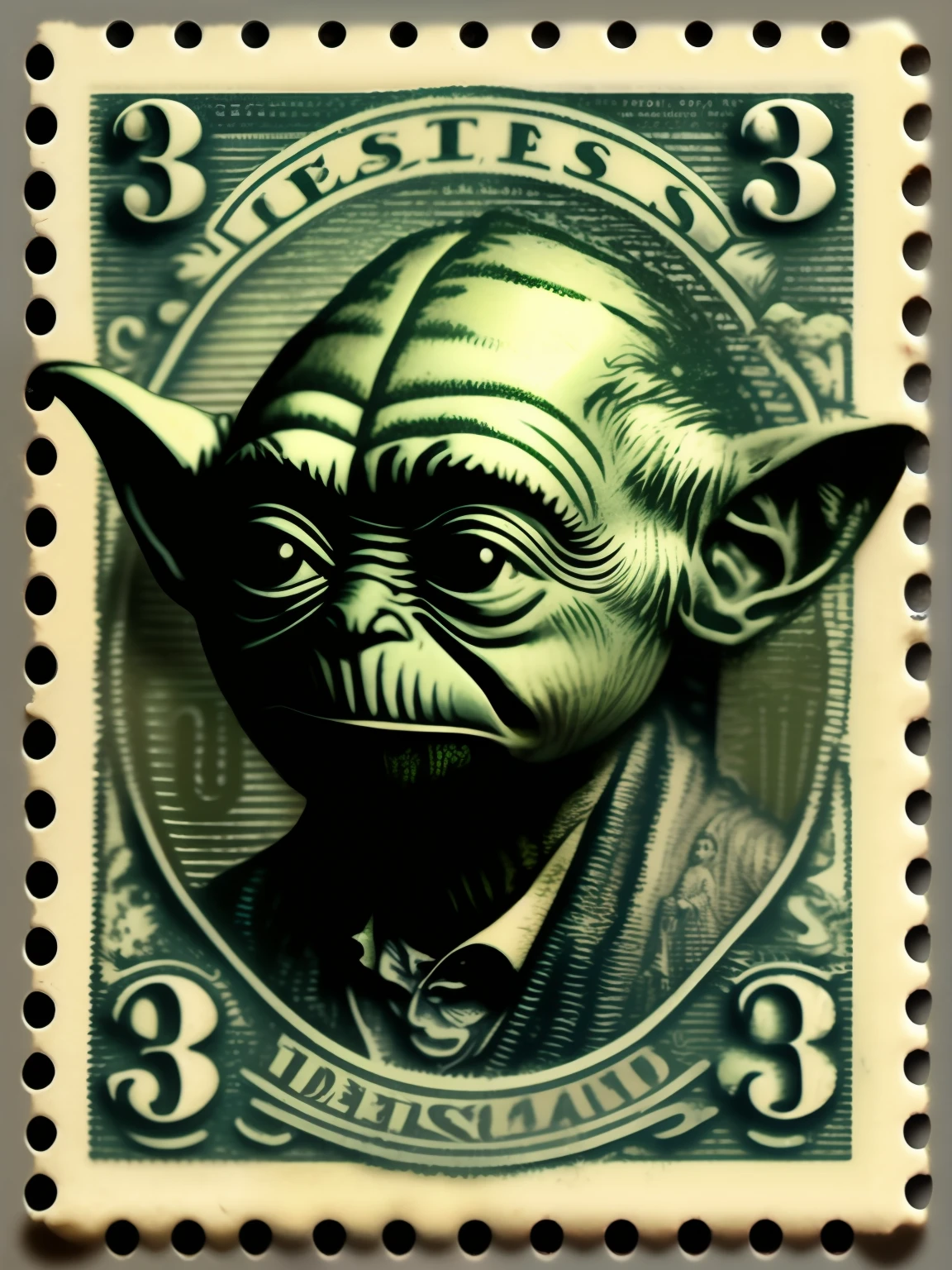 vintage United States Postage Stamp, 3 cent stamp, Master Yoda using the force, green ink, line engraving, intaglio