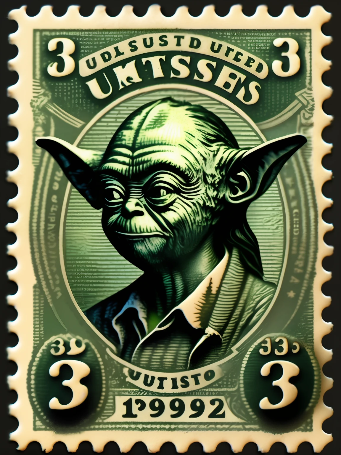 vintage United States Postage Stamp, 3 cent stamp, Master Yoda using the force, green ink, line engraving, intaglio