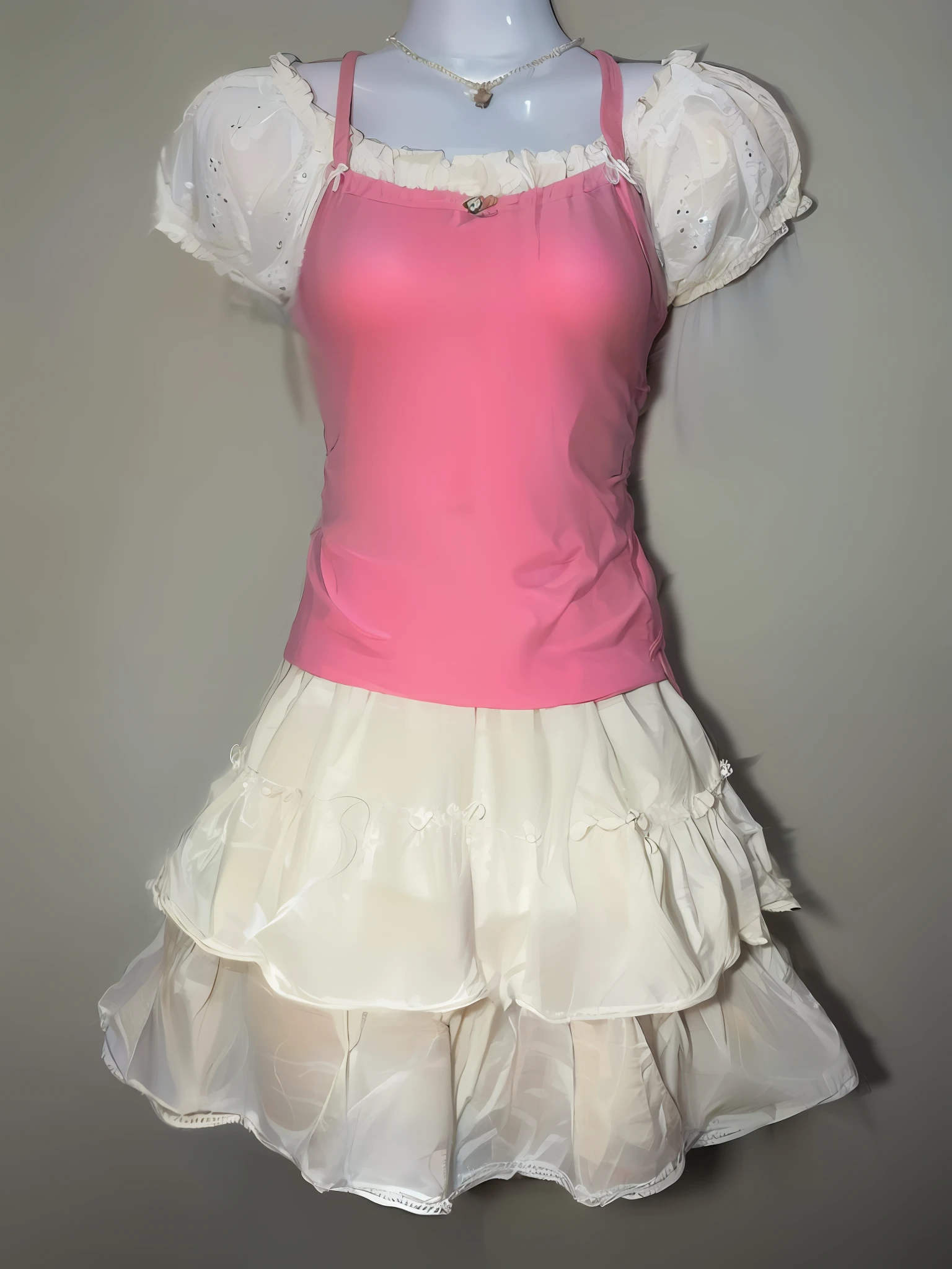 Close-up of dress on mannequin, frilly outfit, Y2K style, y 2 k style, Lolita style, dressed in a frilly ((Ragged)), white and pink, angelic pretty, white puffy outfit, lolita fashion, frill, y 2 k fashion, multilayered outfit, frilld