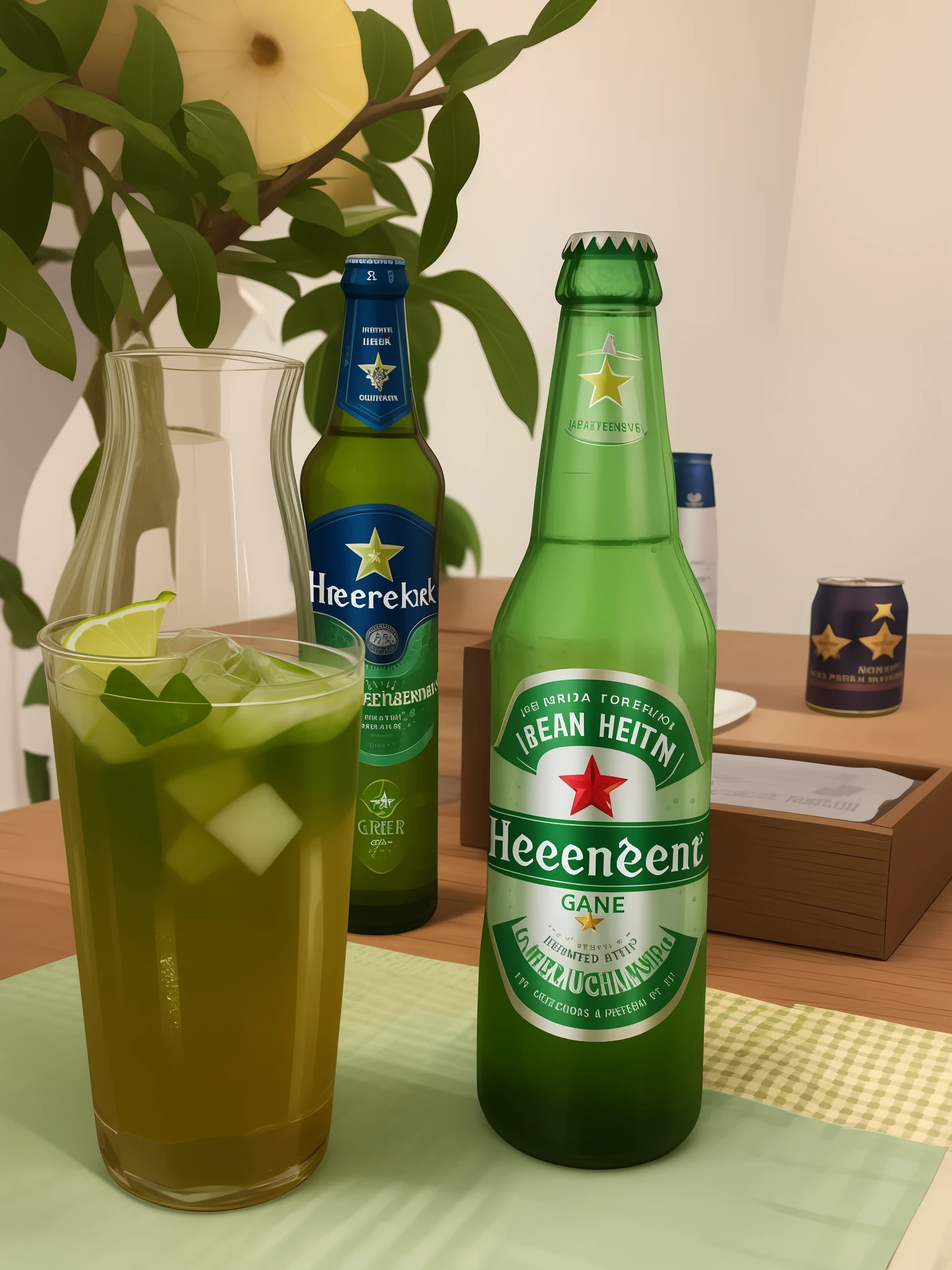 There is a green glass and a bottle of Heineken on a table, greenish tinge, #verde, inspirado em Henriette Grindat, beber, Hop Cone Juice, feito de bebida, inspired by Ceferí Olivé, com uma bebida, green water, 🍸🍋, full of greenish liquid, eays verdes, inspirado em Hendrick Goudt
