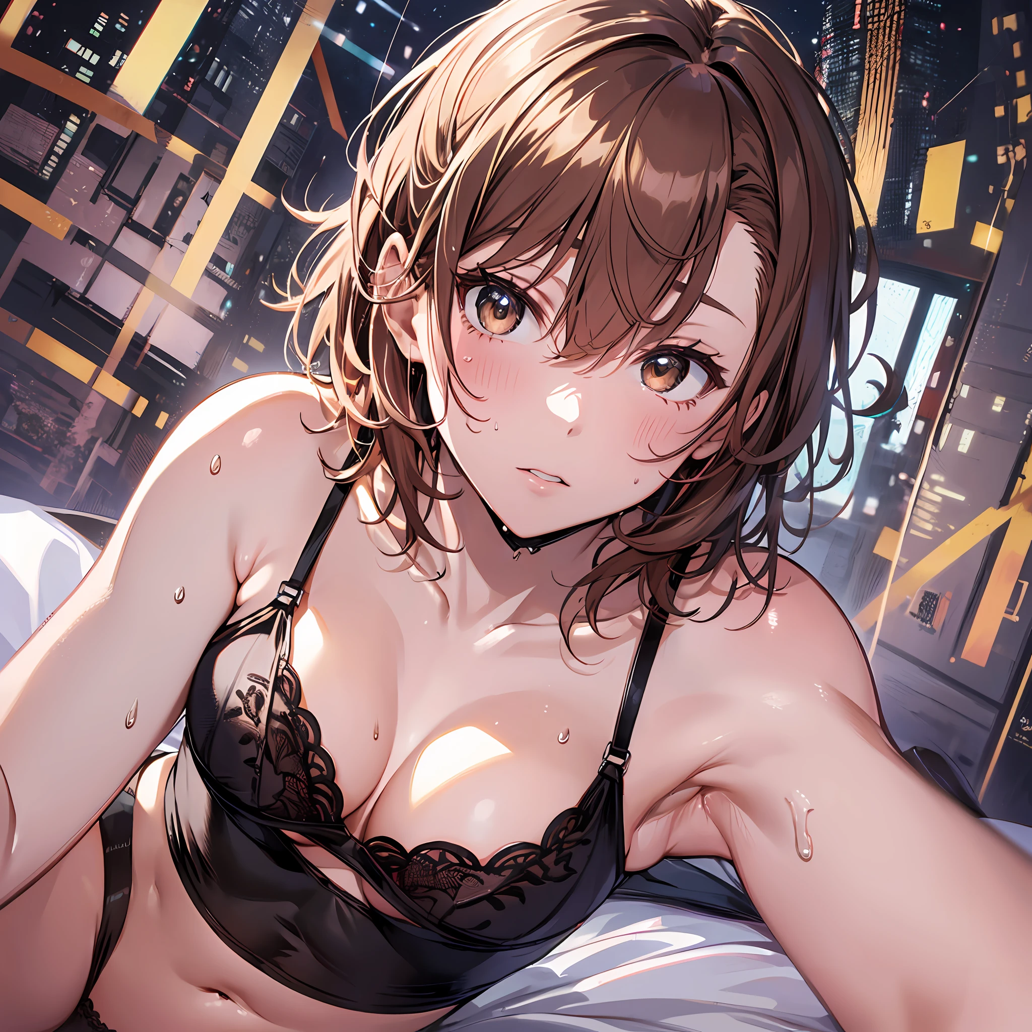 ４ｋqulity, top-quality, Misaka_mikoto, Brown-eyed, Short_hair, Small_Breast,）on the beds　Pink lingerie　１６age　sexypose　Bewitching　Mass sweat　soaked body　Miwaki　beauty legs　Beautiful abs