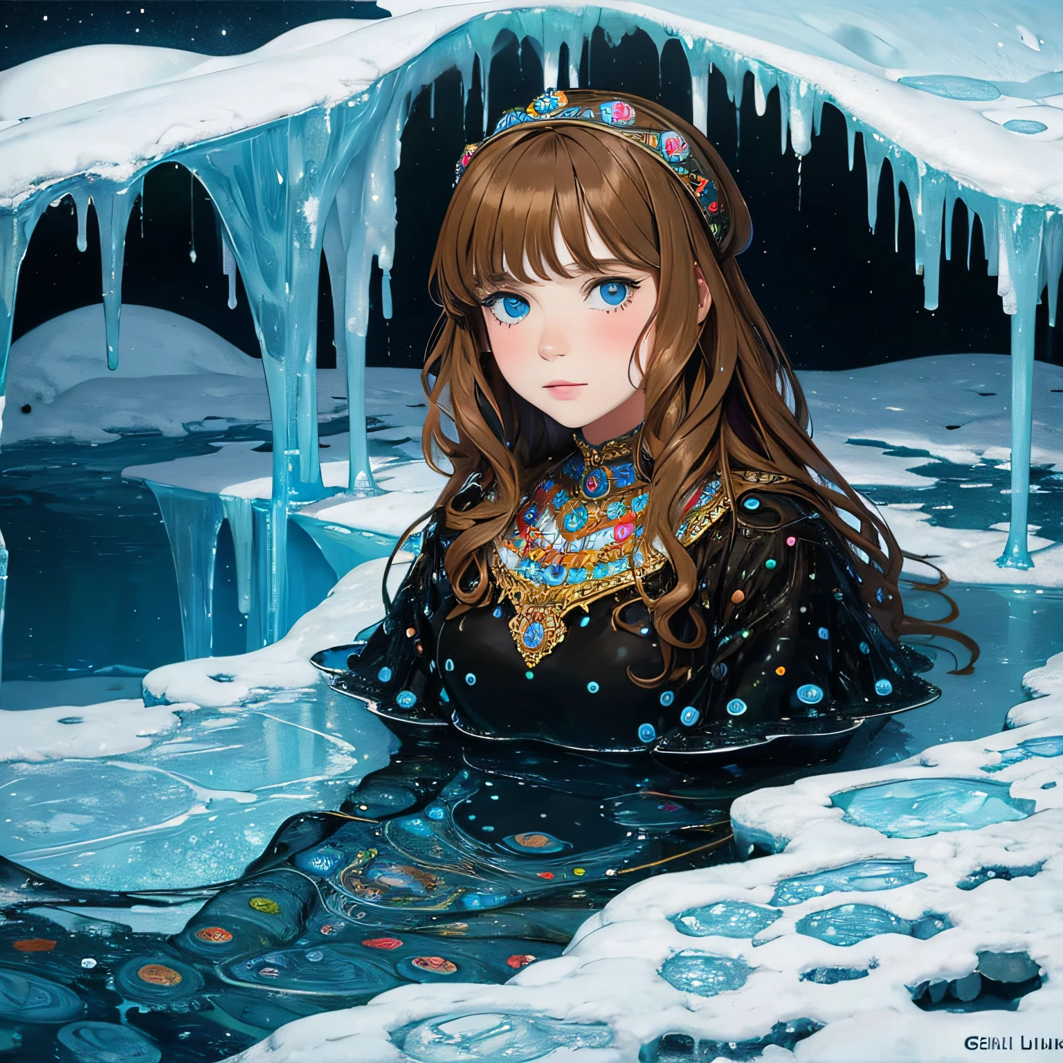 girl in block of ice. realistic human, by louis wain and gustav klimt --auto