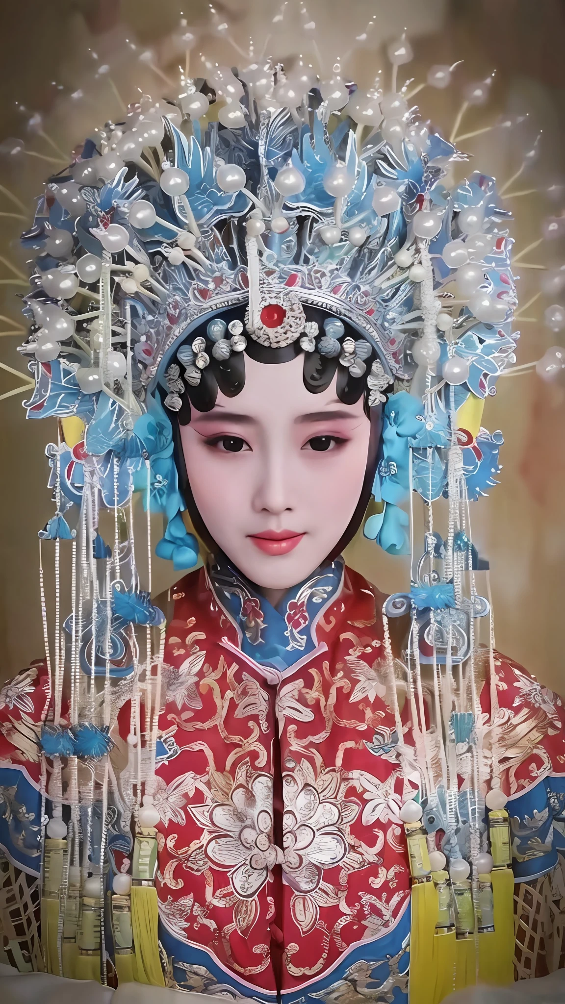 Close-up of a woman in a red and blue dress and tiara, beijing opera, chinese empress, Chinese traditional, China Princess, Princesa chinesa antiga, Chinese costume, inspired by Li Mei-shu, queen of the sea mu yanling, Wearing ancient Chinese clothes, gorgeous and huge head ornaments, a beautiful fantasy empress, Traditional Chinese clothing, traditional makeup