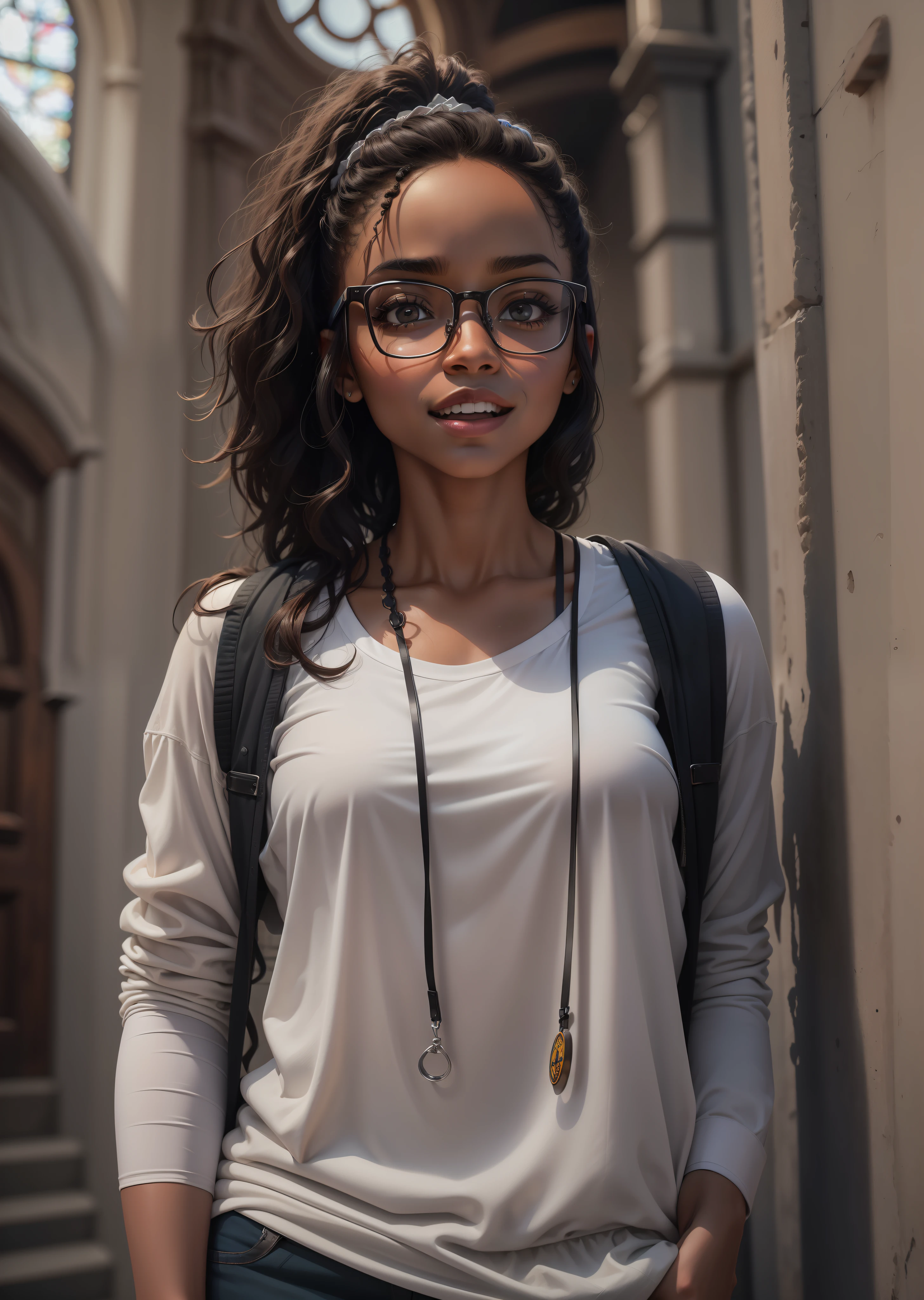 mulher preta, pele escura, sorrindo, wearing prescription glasses, camiseta branca, jaqueta de couro preta, vestindo uma sai longa, Logan Browning, Christian, dentro de uma igreja adventista, Pose para foto, Foto de Stock, Directed by: Emma Andijewska, Directed by: Jakob Gauermann, igreja, foto de alta qualidade, mid portrait, foto tirada, Fotografe o conjunto, high resolution photo, Religion, amizade, muito expressivo, Anime realista, desenhado,