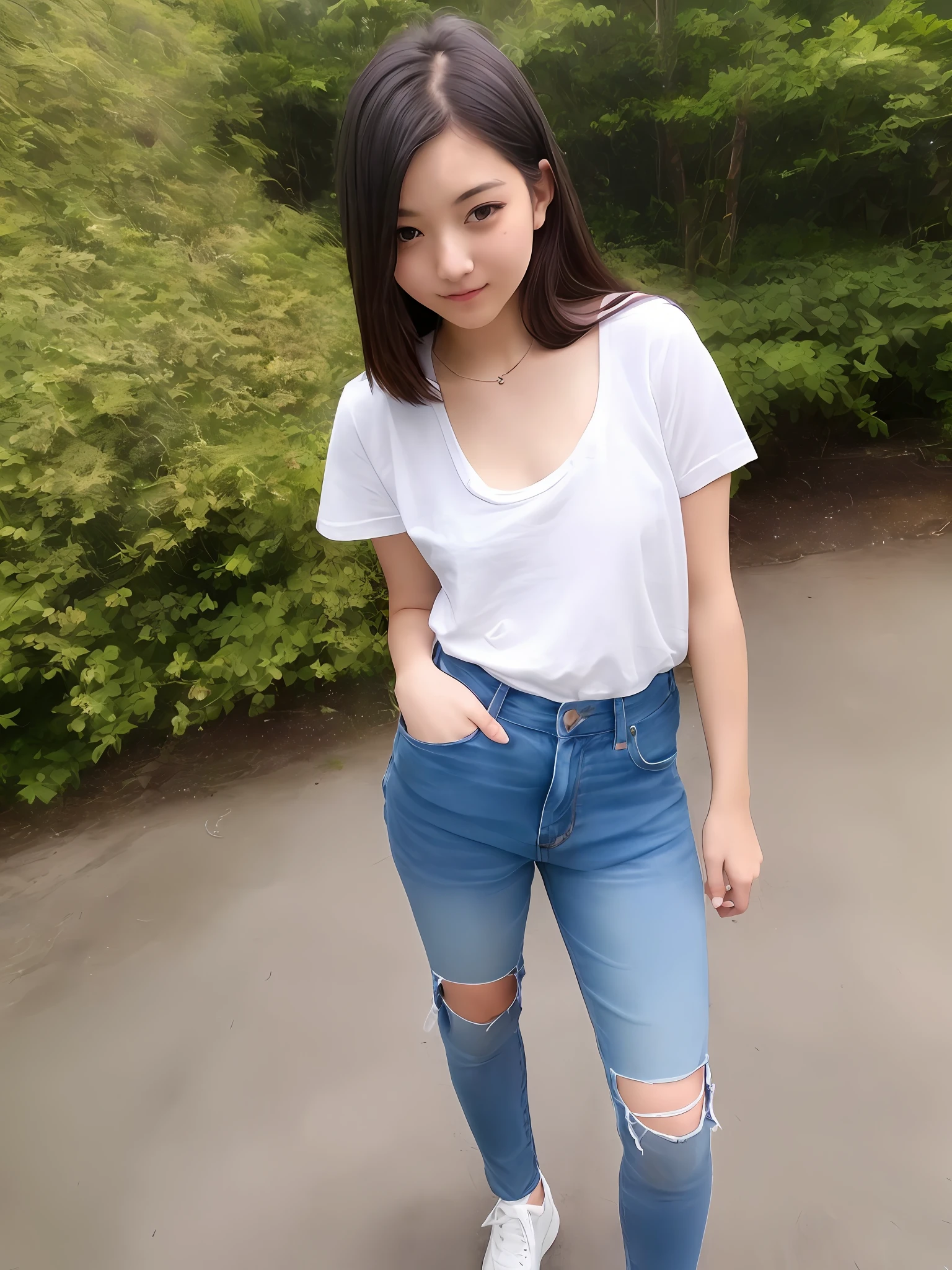((8k, RAW photo, highest quality, masterpiece), High detail RAW color photo professional close-up photo, (realistic, photo realism:1. 37), (highest quality), (best shadow), (best illustration), ultra high resolution, highly detailed CG unified 8K wallpapers, physics-based rendering, cinematic lighting), (aegyo sal:1), ((full body)), beautiful detailed eyes, small breasts,(eyelashes:1.1), a girl standing, outdoors,casual wear.