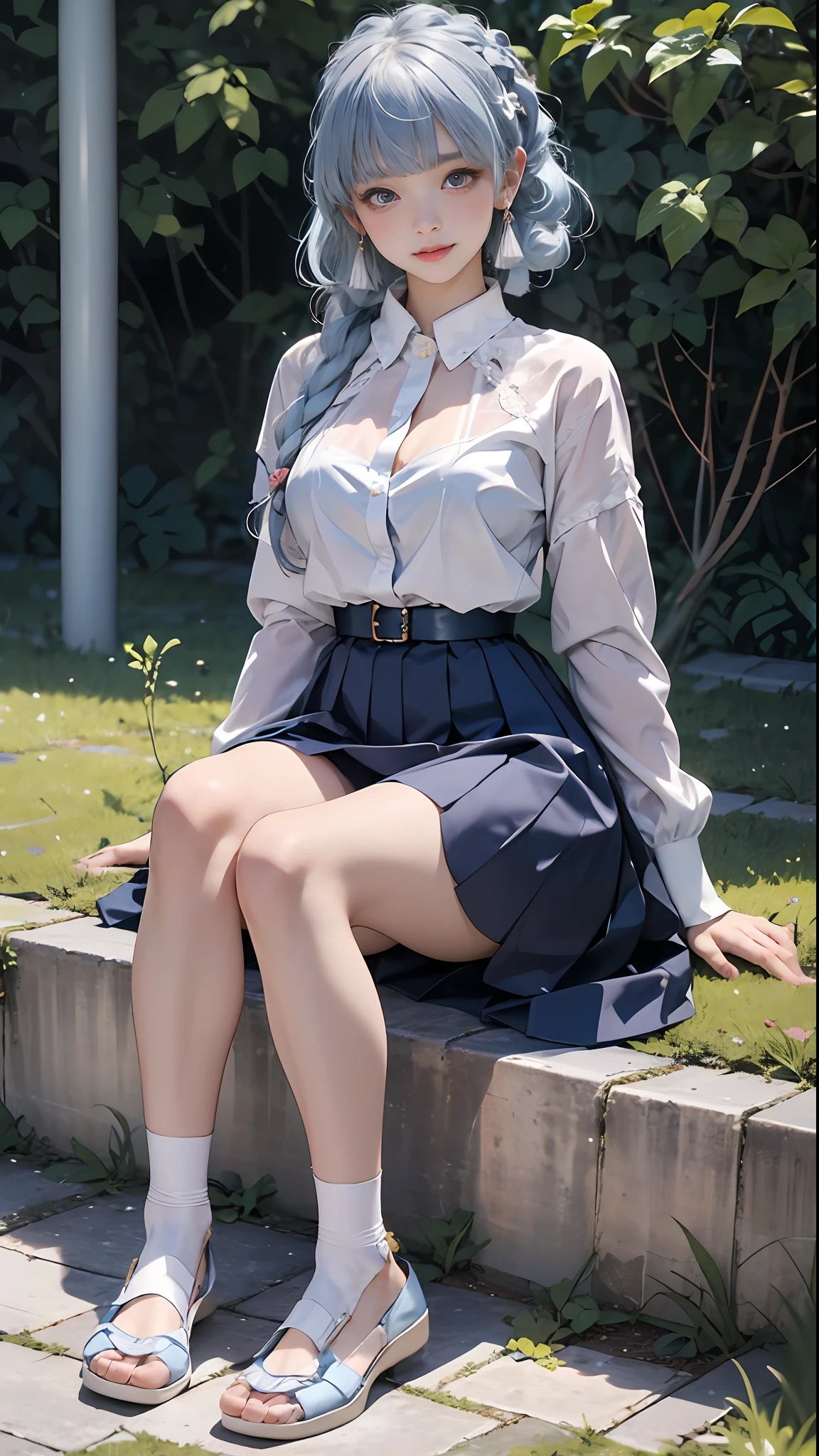 (optimum,tmasterpiece,High picture quality,)There was a girl in a pleated skirt and blue clothes, clubs,oriental architecture ray tracing,best qualtiy,light particules,buliding,Extremely detailed 8k wallpaper,A detailed eye,busty figure,(light blue hair,Kamiasto ayaka,the original god),sleek legs,White stockings,intricately details,Cold white skin,(Carefully portray blush),Soft cute,Messy beauty,The skin is shiny and silky,beautidful eyes,Peach blossom eyes,An extremely delicate and beautiful girl,full bodyesbian