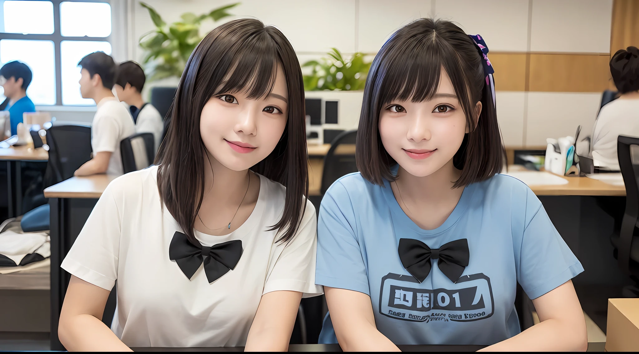 女の子1人、Women around 19 years old、garments(tshirts）、hairstyle on(A dark-haired、Bow）、a picture、realisticlying、top-quality、adopt、A detailed face、s Office、a desk、细致背景、diffuse sunlight、depth of fields、独奏