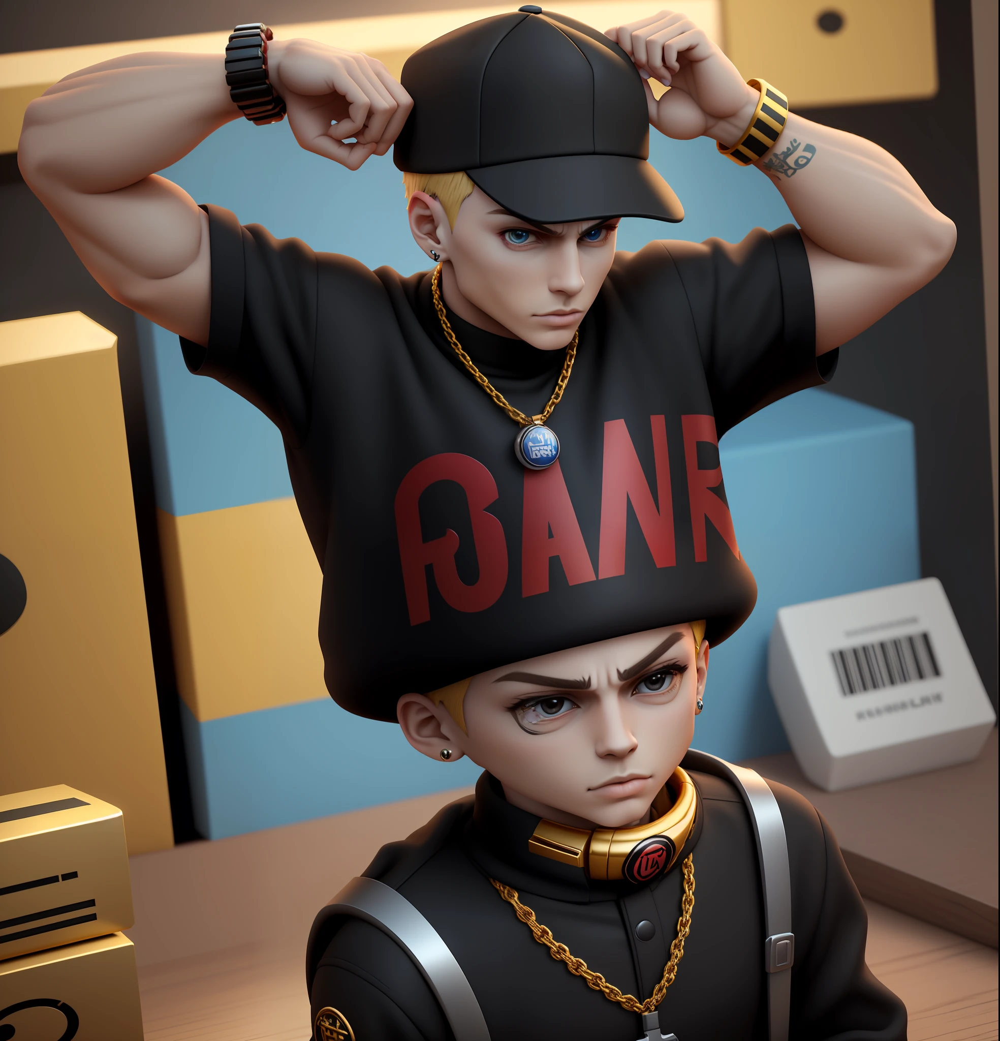 a closeup of a toy wearing a black hat and a gold chain, brinquedo designer de vinil, eminem como um m & m, rapper, Iconic character of high detail, Personagem 3D, Personagem 3D, fvckrender, inspirado em Zhu Da, avatar Roblox, he is wearing a black, Caractere estilizado, animation style rendering, Caractere mesclado, muito estilizado