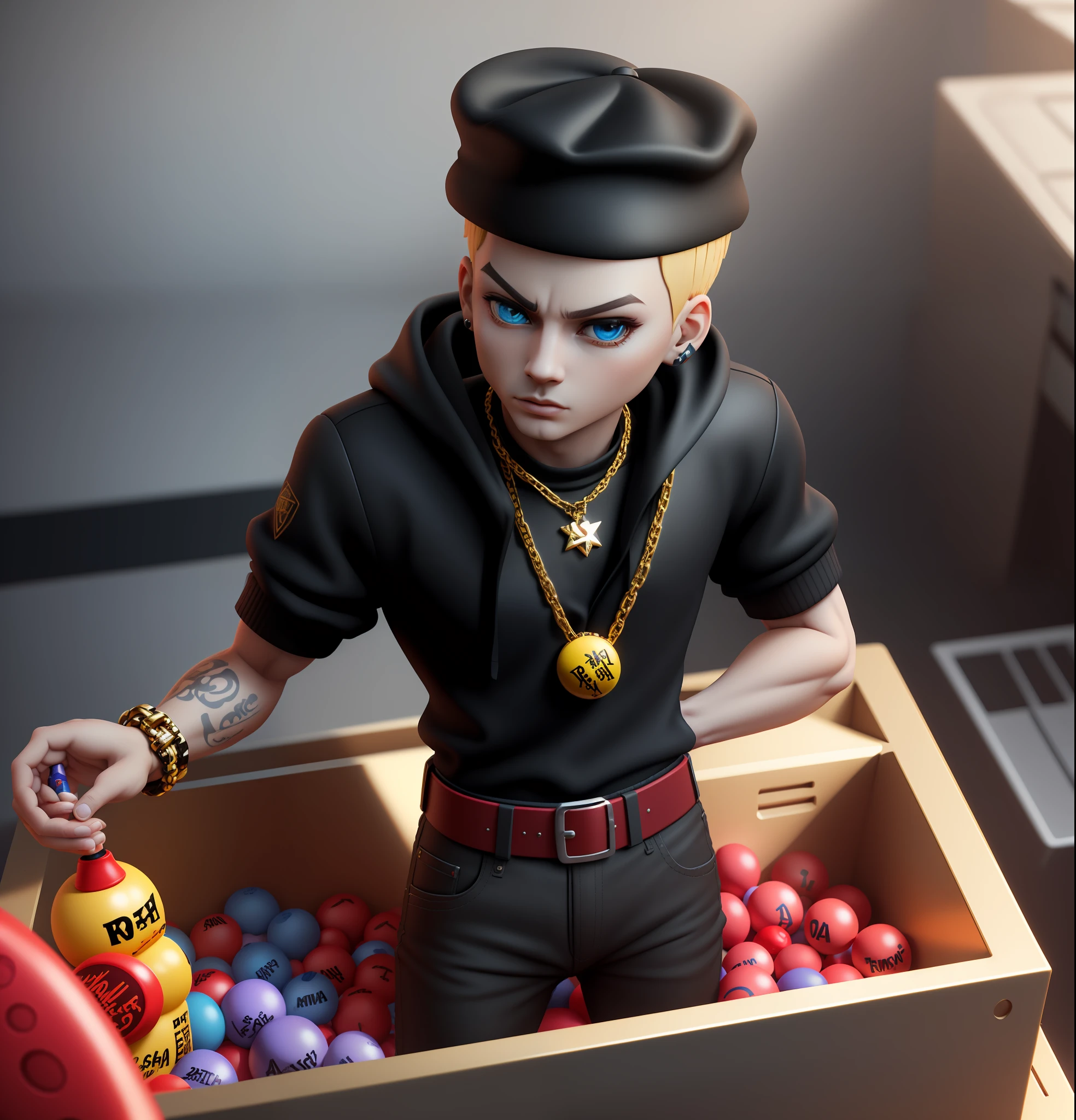 a closeup of a toy wearing a black hat and a gold chain, brinquedo designer de vinil, eminem como um m & m, rapper, Iconic character of high detail, Personagem 3D, Personagem 3D, fvckrender, inspirado em Zhu Da, avatar Roblox, he is wearing a black, Caractere estilizado, animation style rendering, Caractere mesclado, muito estilizado