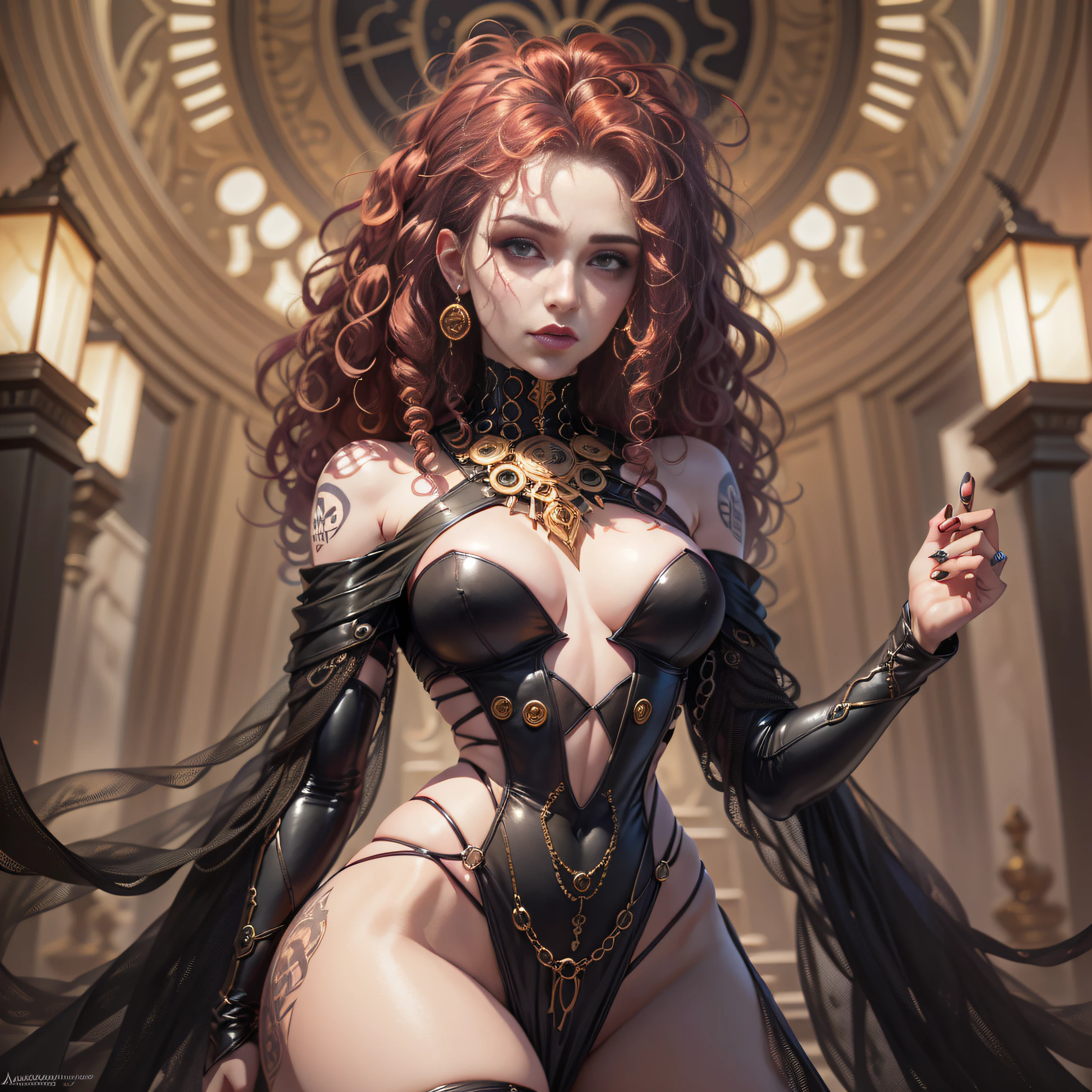 ((Obra-prima)) , cabelo preto, (((curly hair))) , roupa colada no corpo, labios negro, with tattoo on the neck, ((wearing a black lipstick)), por Anastasiya dobrovolskaya, donato giancola, karol bak, tom bagshaw, rosto por artgerm e edmund leighton, fundo por james jean e noah bradley, majestoso, volumeric lighting, fotorrealista, Octane render, motor irreal 5, regra de terceiro, golden ratio, (pele altamente detalhada: 1.2), 16k uhd, hdr, dslr, alta qualidade, grain of film, Fujifilm XT3