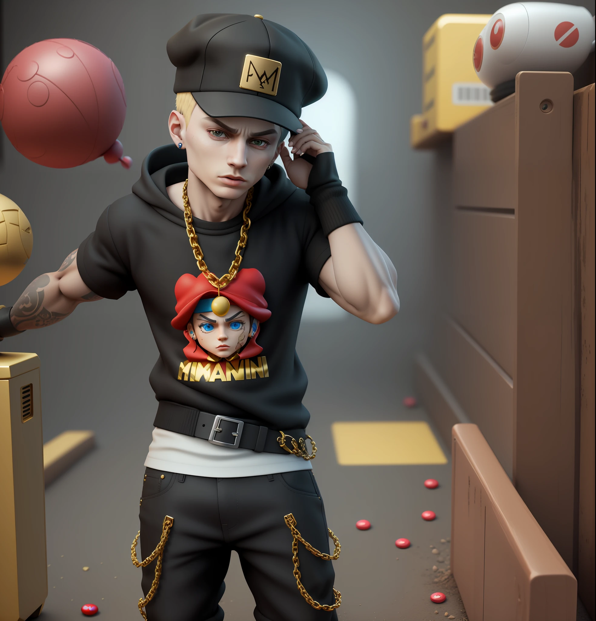 a closeup of a toy wearing a black hat and a gold chain, brinquedo designer de vinil, eminem como um m & m, rapper, Iconic character of high detail, Personagem 3D, Personagem 3D, fvckrender, inspirado em Zhu Da, avatar Roblox, he is wearing a black, Caractere estilizado, animation style rendering, Caractere mesclado, muito estilizado