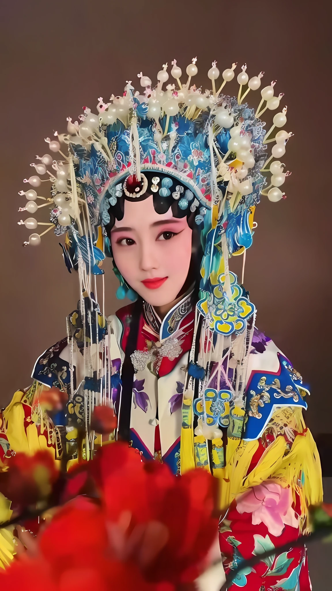 Close-up of a woman in a colorful dress holding a bouquet of flowers, beijing opera, Chinese traditional, Traditional beauty, Wearing ancient Chinese clothes, Traditional Chinese clothing, chinese empress, Chinese costume, queen of the sea mu yanling, China Princess, Palace , A girl in Hanfu, traditional makeup, Princesa chinesa antiga, ancient chinese beauti, gorgeous and huge head ornaments