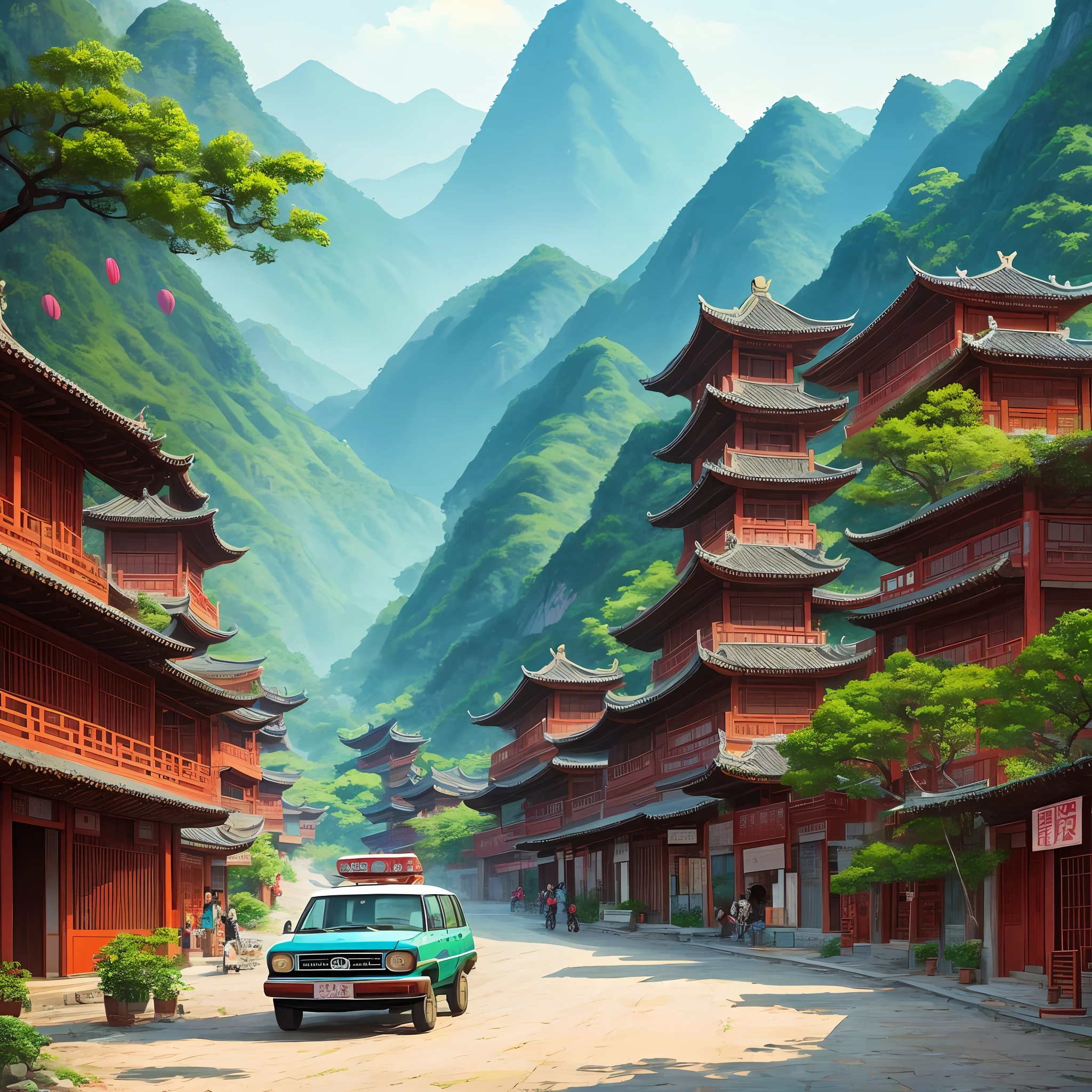 There are a lot of people driving in Chinese villages,Brilliant illustrations,colorful illustrations,Fine book illustration,Inspired by Yunfei,A illustration,illustrated poster,cover illustration,Extremely detailed scenes,Z-style artwork。 --auto