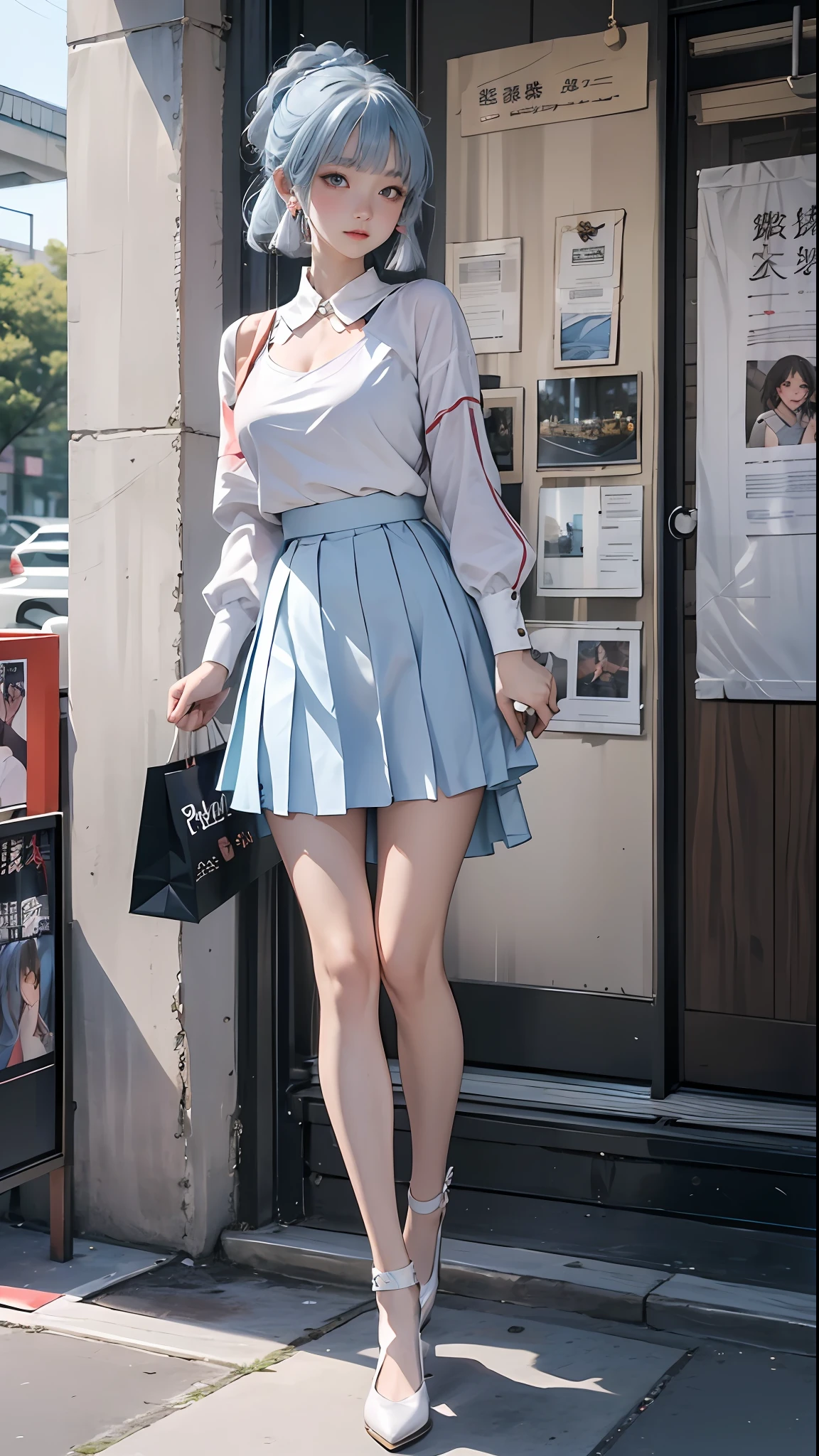(optimum,tmasterpiece,High picture quality,)There was a girl in a pleated skirt and blue clothes, clubs,oriental architecture ray tracing,best qualtiy,light particules,Carrying a shopping bag from the mall,Extremely detailed 8k wallpaper,A detailed eye,busty figure,(light blue hair,Kamiasto ayaka,the original god),sleek legs,White stockings,intricately details,Cold white skin,(Carefully portray blush),Soft cute,Messy beauty,The skin is shiny and silky,beautidful eyes,Peach blossom eyes,An extremely delicate and beautiful girl,full bodyesbian