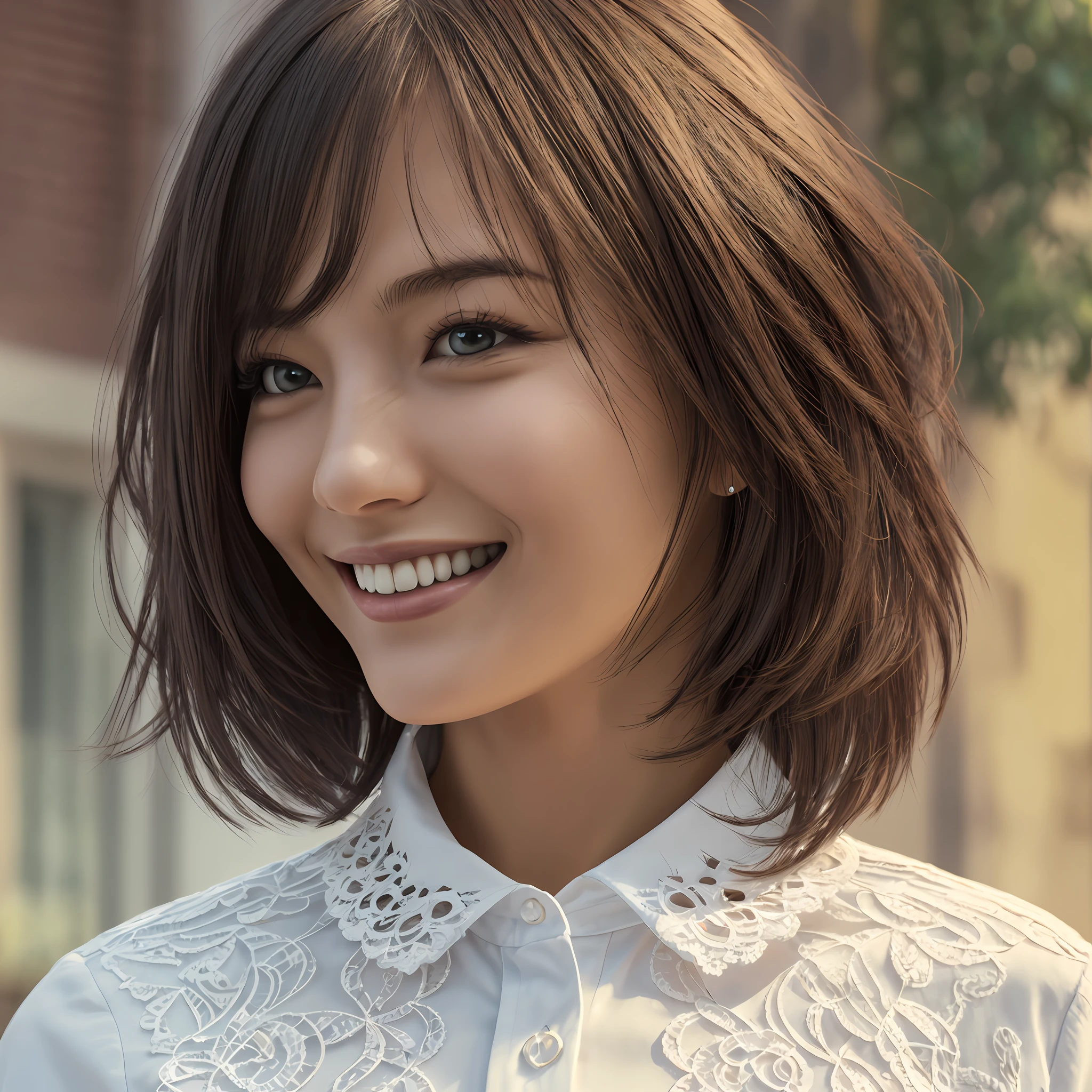 (8k, best quality, masterpiece:1.2), (realistic, photo-realistic:1.37), ultra-detailed, 1 girl, cute, solo, beautiful detailed sky, detailed cafe, night, sitting, dating, (nose blush), (smile:1.15), (closed mouth) small breasts, beautiful detailed eyes, (collared shirt:1.1), night, wet, business attire, rain, white lace, (short hair:1.2), floating hair NovaFrogStyle, topless, --auto