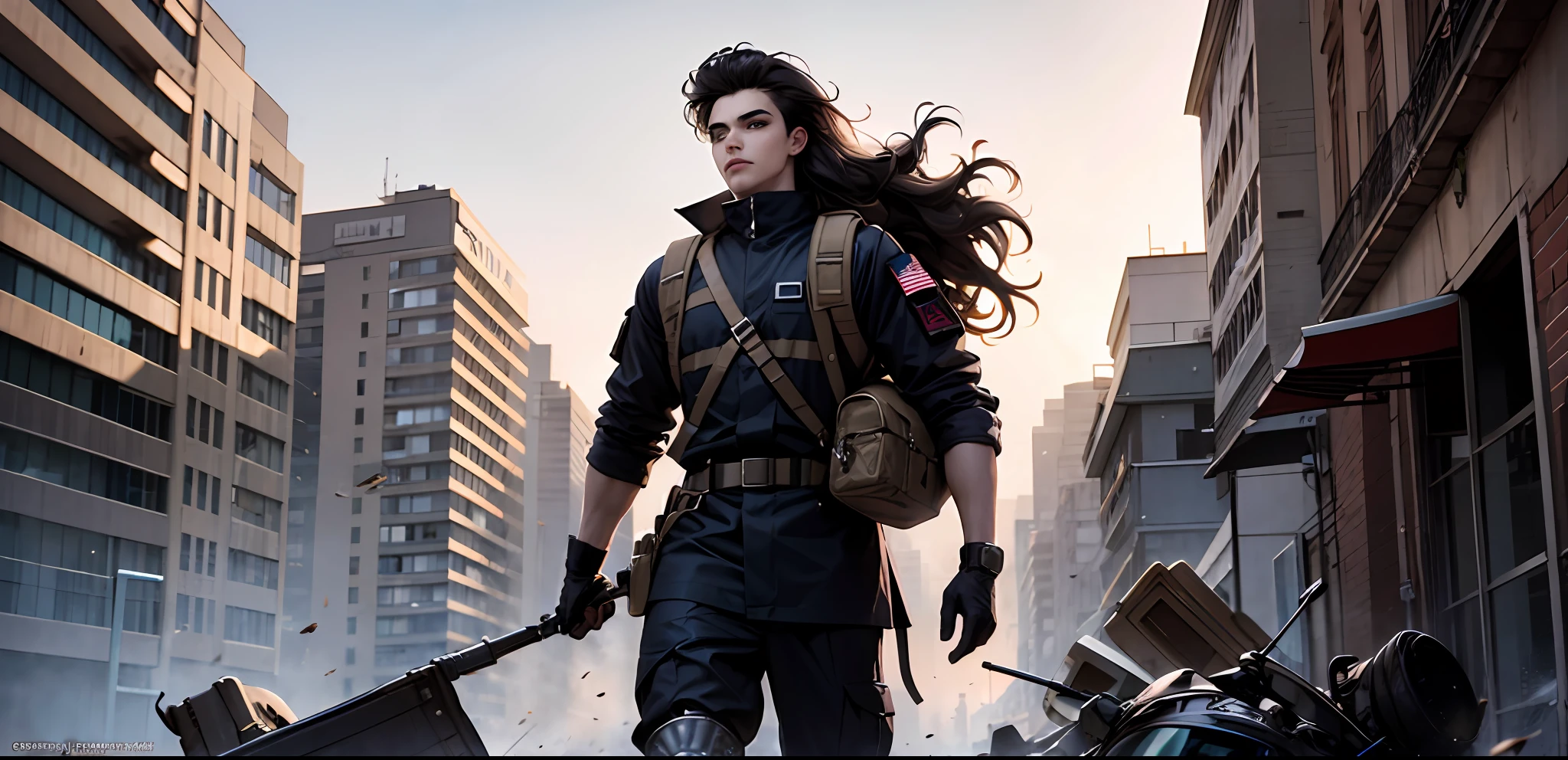 masterpiece, top quality, best quality, official art, beautiful and aesthetic:1.2), teen man, young man, man of 16, extreme detailed, colorful,highest detailed, black hair, long hair, wavy hair, black eyes, big city, destroyed city, backpack, wind, protective clothing, apocalypse, full military clothing, military body armour full body, standing, military unloading, muscular, military gloves