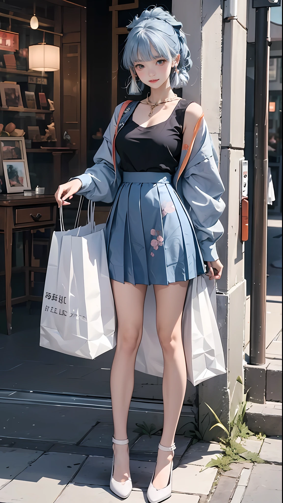 (optimum，tmasterpiece，High picture quality，)There was a girl in a pleated skirt and blue clothes, clubs，oriental architecture ray tracing，best qualtiy，light particules，Carrying a shopping bag from the mall，Extremely detailed 8k wallpaper，A detailed eye，busty figure，(light blue  hair，Kamiasto ayaka，the original god)，sleek legs，White stockings，intricately details，Cold white skin，（Carefully portray blush）,Soft cute，Messy beauty，The skin is shiny and silky，beautidful eyes，Peach blossom eyes，An extremely delicate and beautiful girl，full bodyesbian