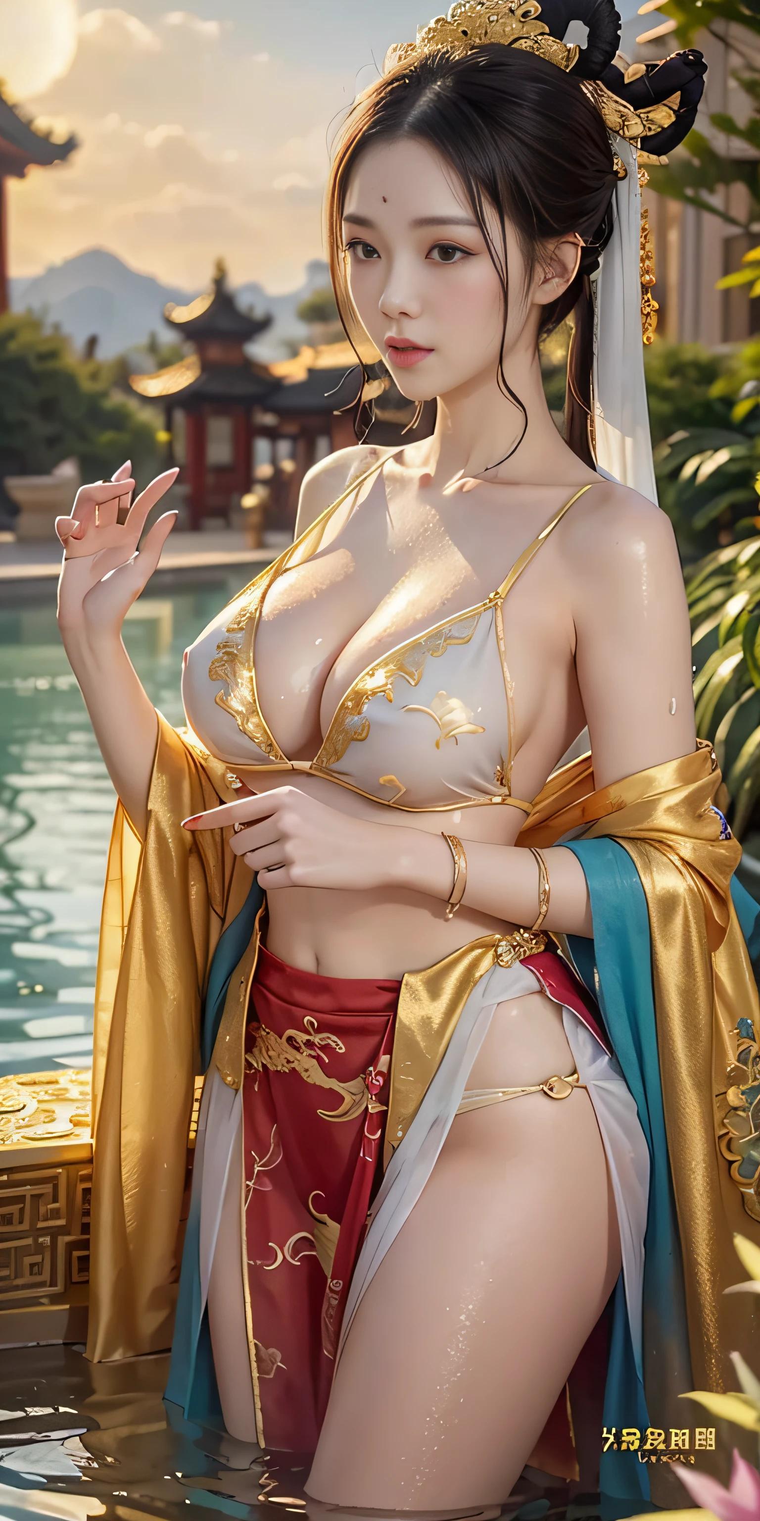 Beauty, sexy, bare breast, cleavage, bare legs, see-through, , Hanfu, wet, clear, realistic, highest detail, Chinese mythology, dragon pattern, phoenix, sacred, holy, countless palaces in the distance, clouds, golden light, golden lotus, huge pool (tianchi bathing), men peeping in the distance
