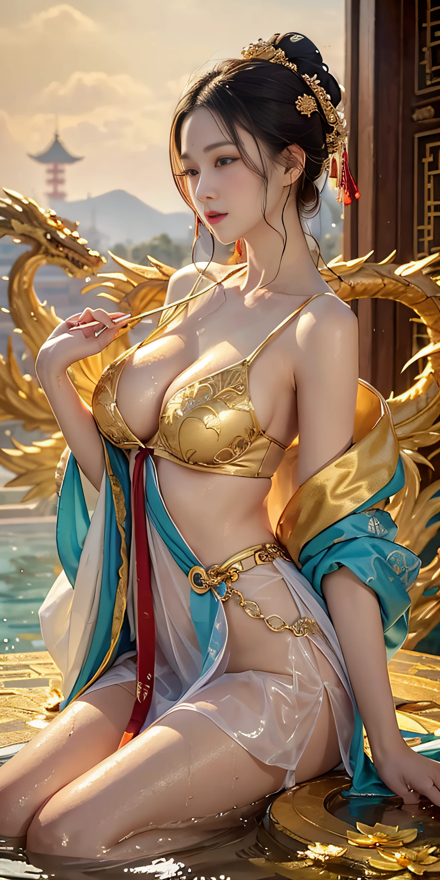 Beauty, sexy, bare breast, cleavage, bare legs, see-through, , Hanfu, wet, clear, realistic, highest detail, Chinese mythology, dragon pattern, phoenix, sacred, holy, countless palaces in the distance, clouds, golden light, golden lotus, huge pool (tianchi bathing), men peeping in the distance