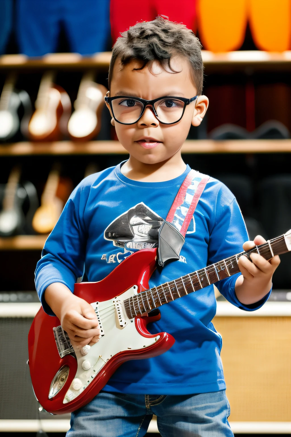 guttonerdjul23, a 3-year-old boy wearing glasses, roupa de vocalista de banda de rock, tocando guitarra stratocaster. detalhes intrincados, UHD, realista