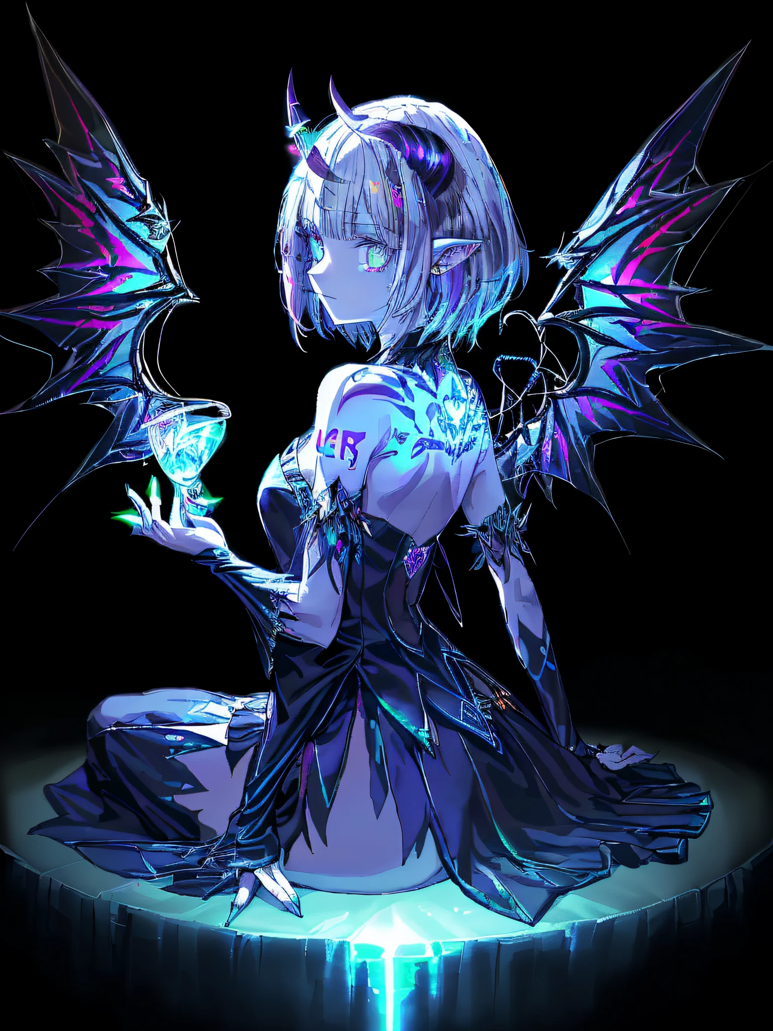 Cannabis in left hand,(Best Quality, nffsw, 8K, masutepiece:1.5), Devil Girl, Wings, Glitter, neons, ((Shining Horn:1.3, glowing tattoo:1.3, Glowing eyes:1.3))