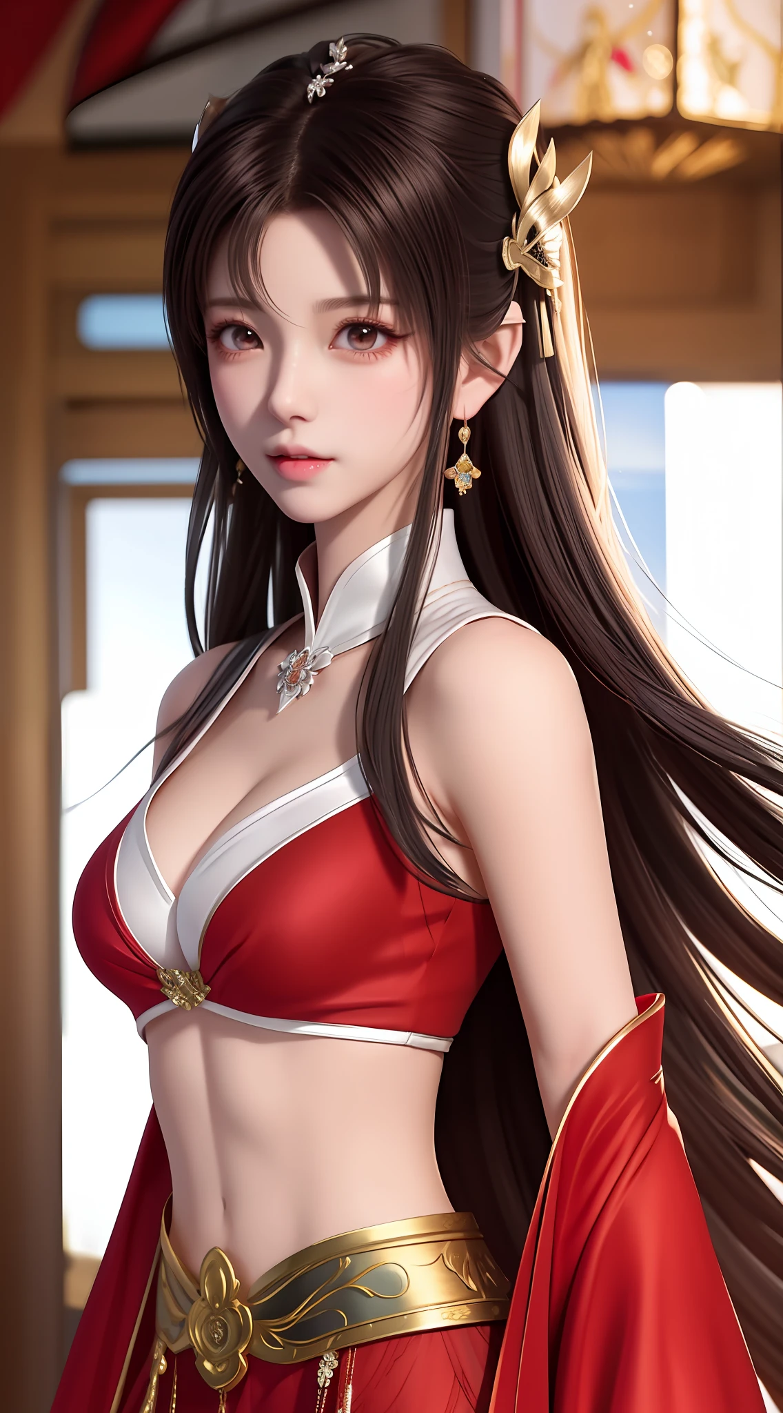 a close up of a woman with long hair wearing a red dress,beautiful and seductive anime woman,A beautiful fantasy queen,inspired by Du Qiong,Seductive portrait of Tifa Lockhart,((beautiful fantasy empress)),seductive anime girls,Beautiful anime woman,Charming Tifa Lockheart,beautiful avatar picture,ff Tifa,Red Armored Girl,mai shiranui,Crop topping,Full cleavage,