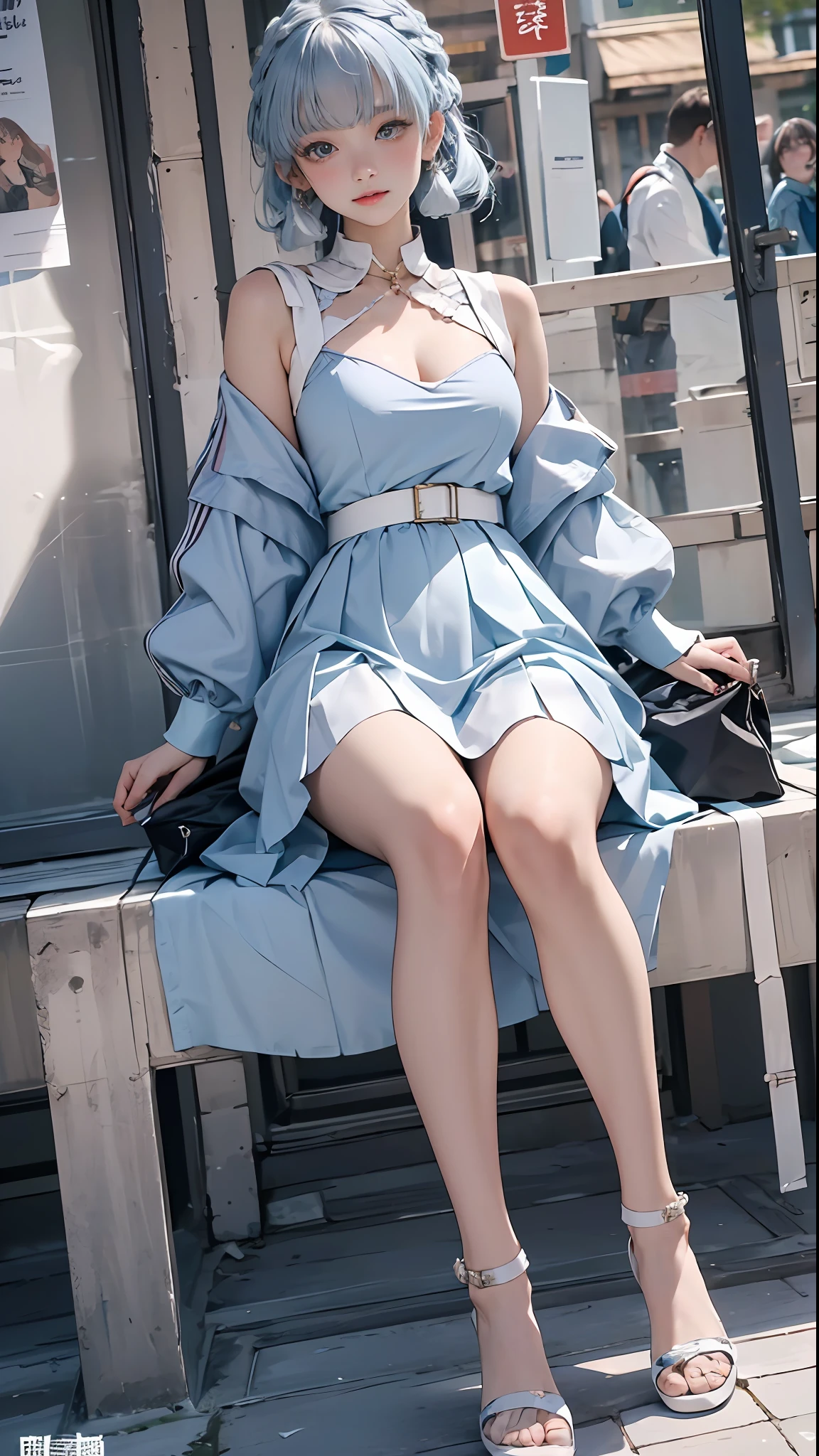 (optimum,tmasterpiece,High picture quality,)There was a girl in a pleated skirt and blue clothes, clubs,oriental architecture ray tracing,best qualtiy,light particules,Bring shopping bags from the mall,Extremely detailed 8k wallpaper,super detailed eyes,busty figure,(light blue hair,Kamiasto ayaka,the original god),sleek legs,White stockings,intricately details,Cold white skin,(Carefully portray blush),Soft cute,Messy beauty,The skin is shiny and silky,beautidful eyes,Peach blossom eyes,An extremely delicate and beautiful girl,full bodyesbian