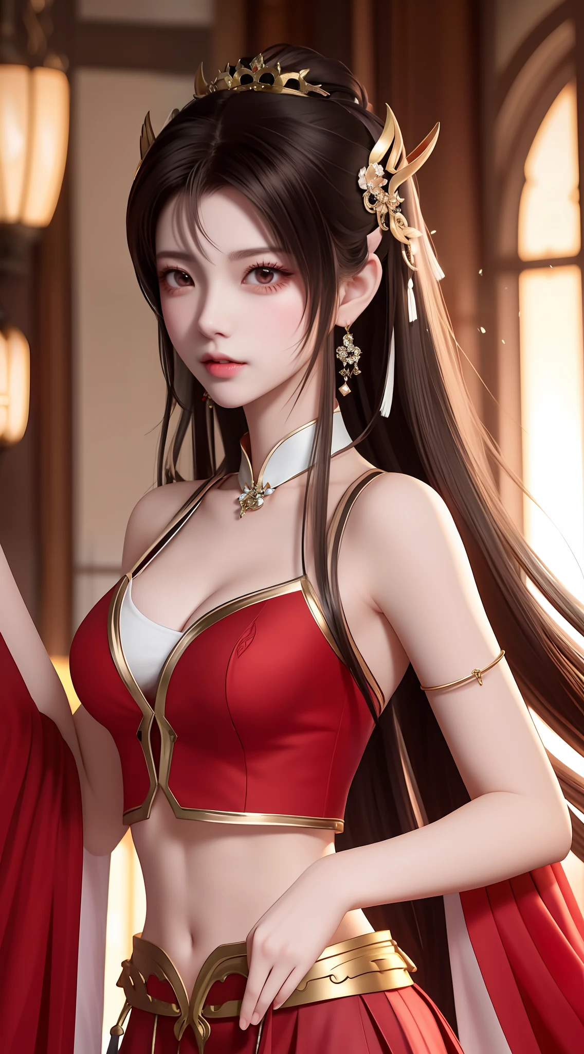 a close up of a woman with long hair wearing a red dress,beautiful and seductive anime woman,A beautiful fantasy queen,inspired by Du Qiong,Seductive portrait of Tifa Lockhart,((beautiful fantasy empress)),seductive anime girls,Beautiful anime woman,Charming Tifa Lockheart,beautiful avatar picture,ff Tifa,Red Armored Girl,mai shiranui,Crop topping,Full cleavage,