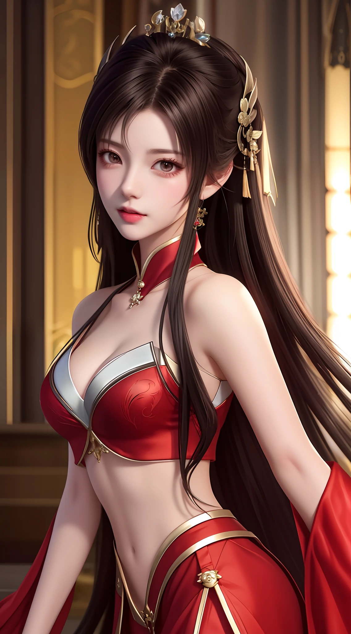 a close up of a woman with long hair wearing a red dress,beautiful and seductive anime woman,A beautiful fantasy queen,inspired by Du Qiong,Seductive portrait of Tifa Lockhart,((beautiful fantasy empress)),seductive anime girls,Beautiful anime woman,Charming Tifa Lockheart,beautiful avatar picture,ff Tifa,Red Armored Girl,mai shiranui,Crop topping,Full cleavage,